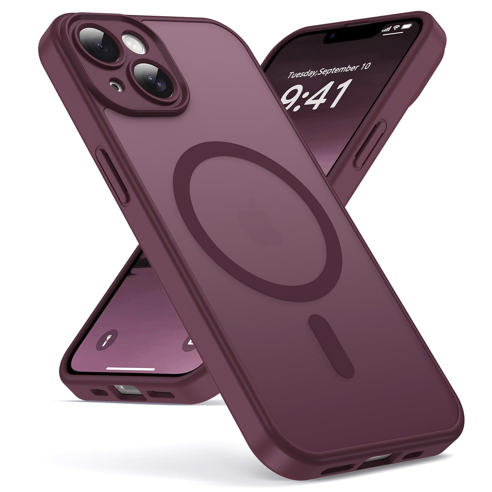 Oududianzi-Coque pour iPhone 14 Compatible avec MagSafe Magnétique, Housse de Arrière Translucide Givrée PC, TPU Silicone Bumper Étui Protection Antichoc Militaire Anti-Empreintes - Bordeaux