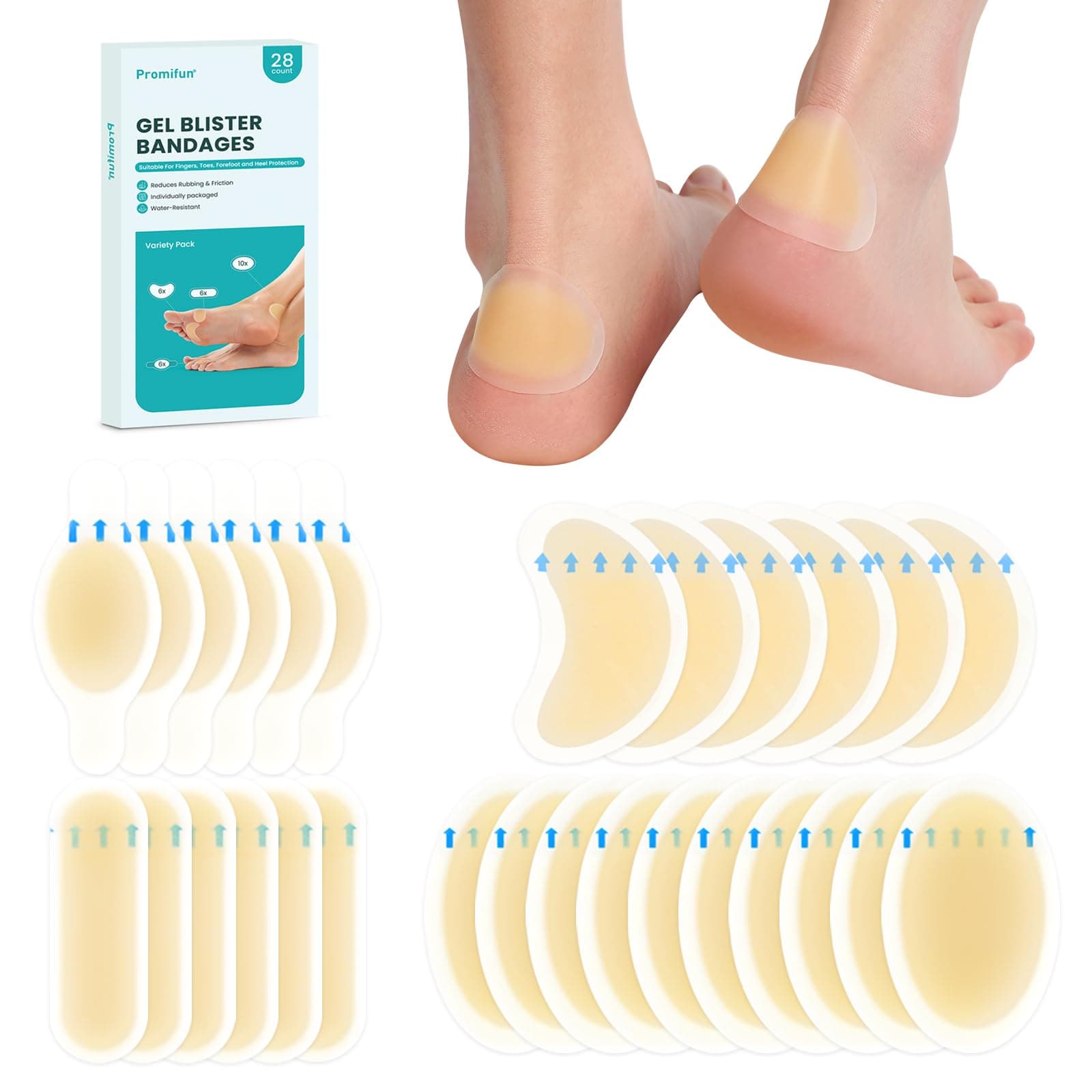 Promifun Almohadillas para ampollas, 28 unidades, resistentes al agua, vendas hidrocoloides para pies, dedos y talones, almohadillas de gel para prevención y recuperación, paquete variado