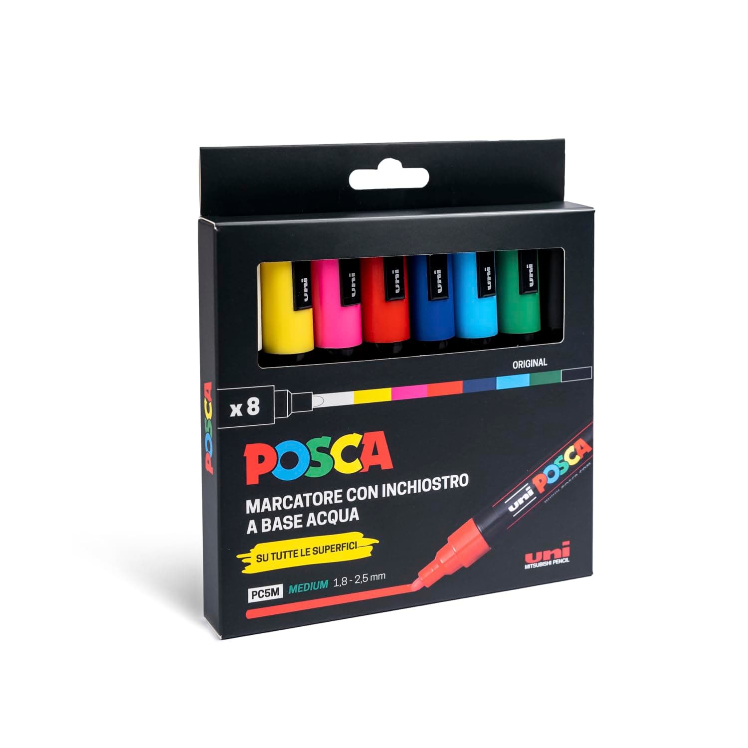 POSCA - Uniposca Set con Pennarelli Acrilici Punta Tonda 1.8 - 2.5 mm, Colori per Tessuti, Legno, Vetro e Altro, Pennarelli Acquerellabili Uni Posca Professionali e Cartoleria, Resistenti a Acqua/Luce