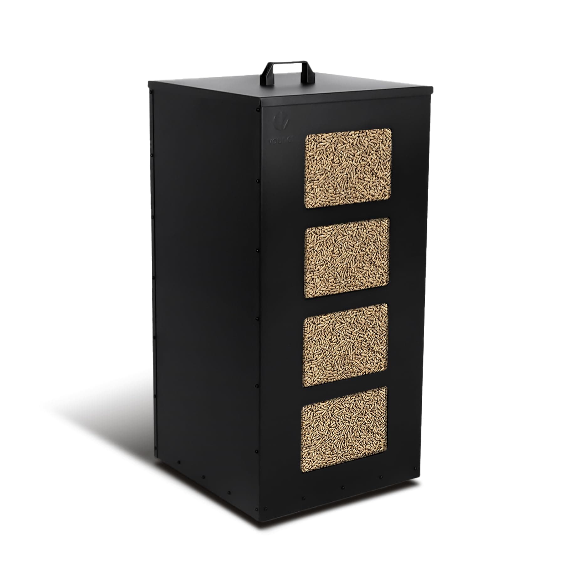 vounot® Réservoir à Granulés en Métal avec Roulettes Boîte à Pellets 45kg avec Tamis Amovible et 4 Jauges de Niveau Transparentes Rangement à pellets Stockage pour Poêle à Granulés 36x36x76cm Noir