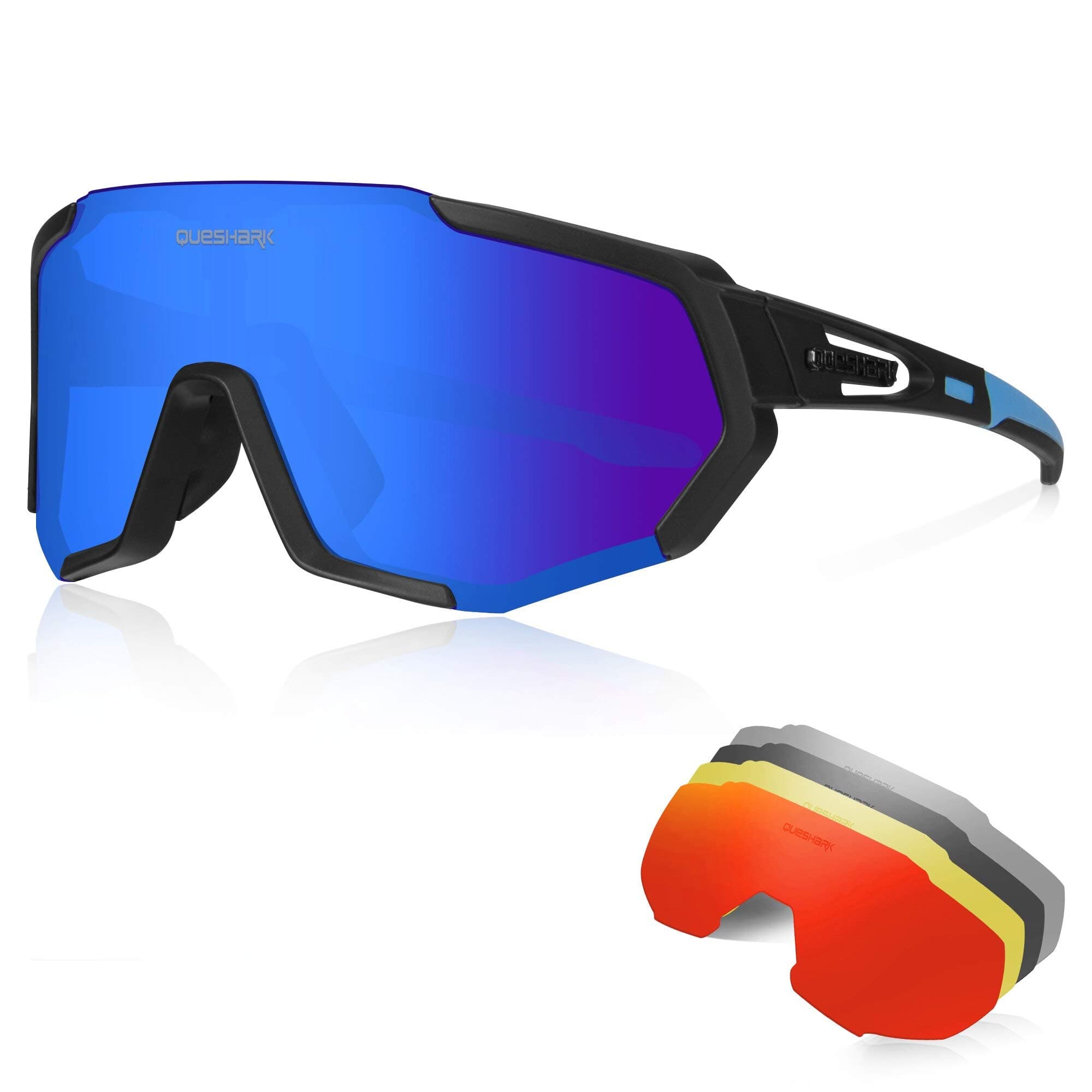 Queshark Occhiali Ciclismo Polarizzati con 5 Lenti Intercambiabili Occhiali Bici Antivento e Antiappannamento Occhiali Sportivi da Sole Anti UV da Uomo Donna per Corsa, MTB e Running