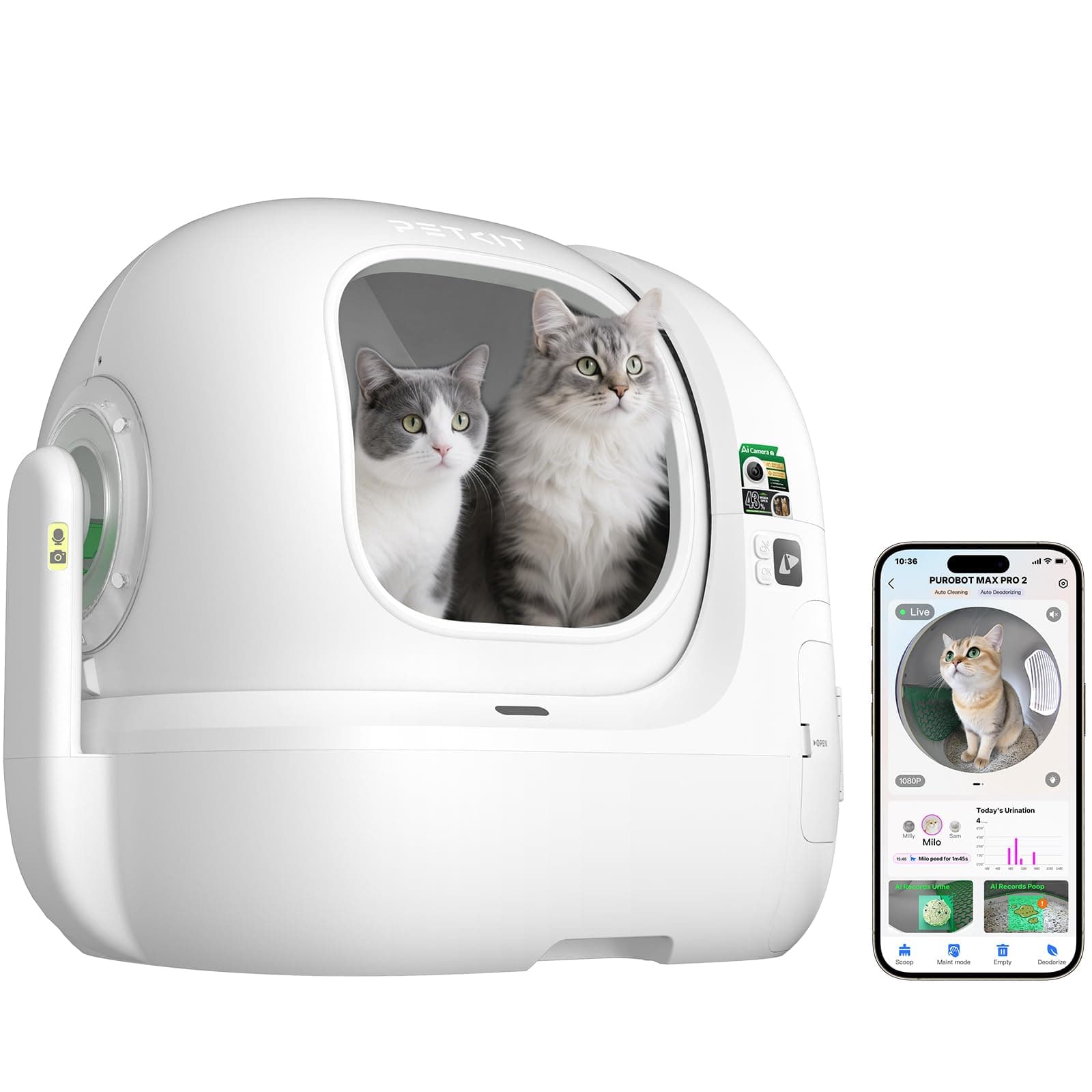 PETKIT PUROBOT MAX Pro 2 Arenero Gatos Autolimpiable, Entrada Mayor, Cámara AI, Arenero Autolimpiable para Gatos, 2,4 G y 5 G WiFi, Seguimiento Sanitario, Eliminación de Olores, 76L, para Varios Gato