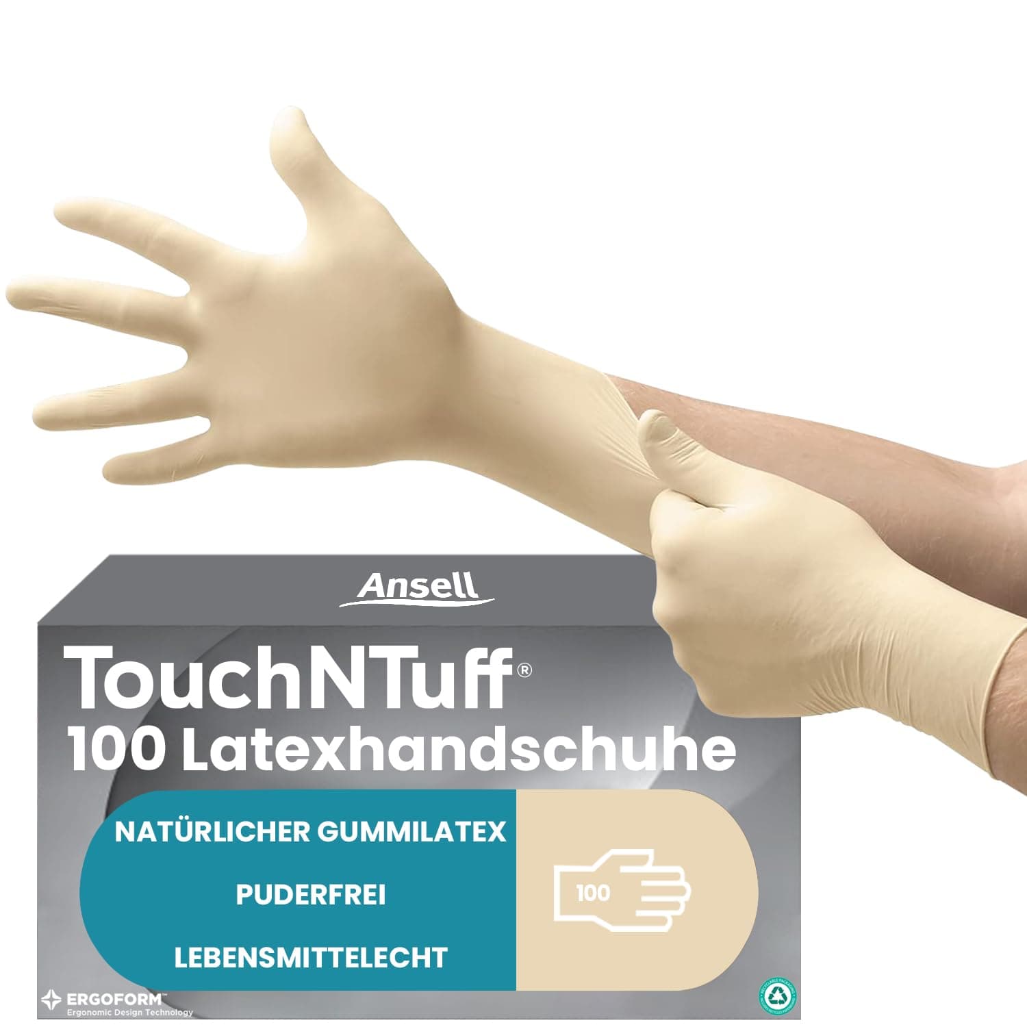Ansell TouchNTuff 69-318 Latex Einweghandschuhe Puderfrei, Professionelle Schutzhandschuhe mit Texturierte Fingerspitzen, Lebensmittel Einmalhandschuhe, Weiß, Größe M (100 Handschuhe)