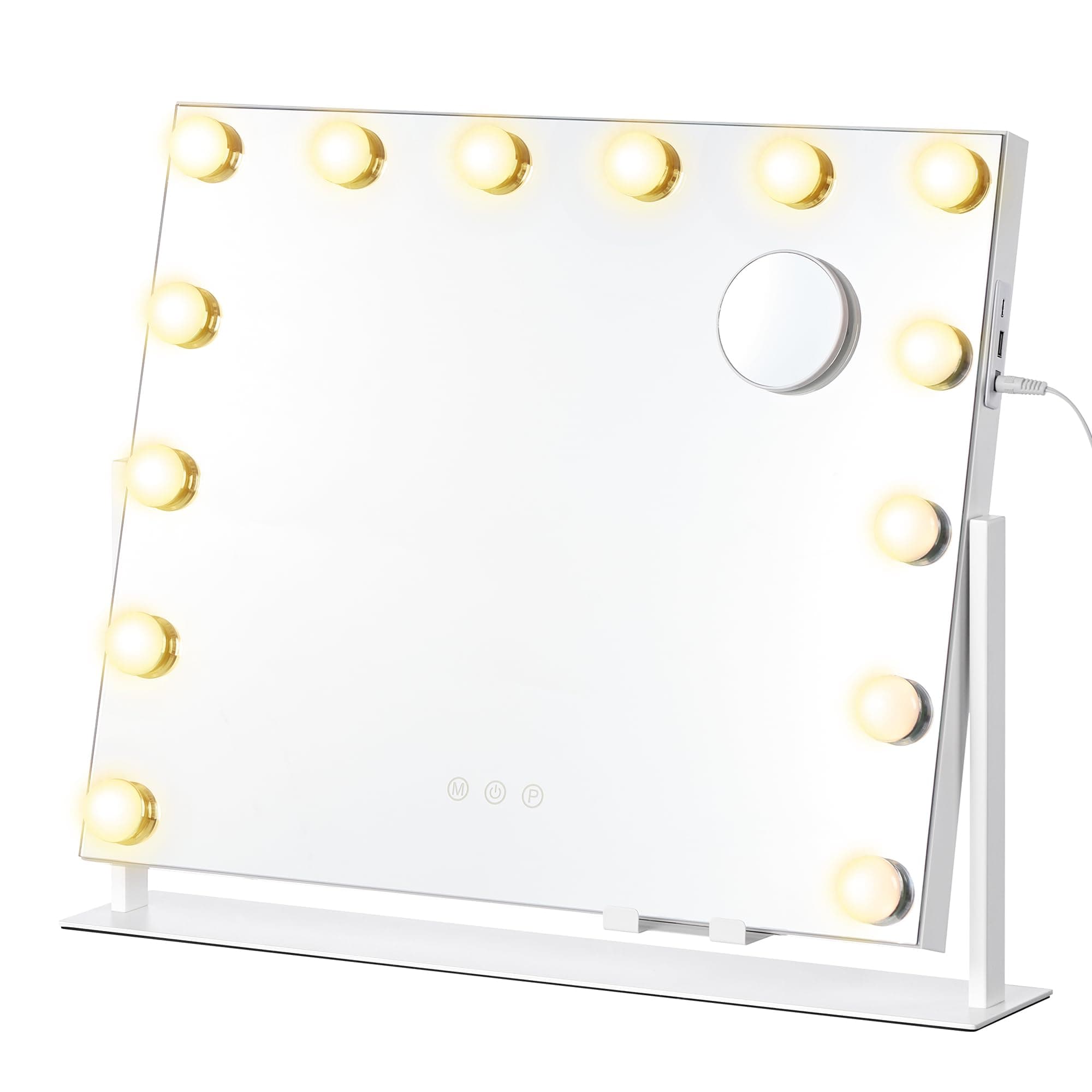 SONGMICS Espejo de Maquillaje con Luz, Control Táctil, 14 Bombillas LED Regulables, Puertos de Carga, 3 Temperaturas Color, Soporte Teléfono, 50 x 42 cm, Blanco Mate LWM007WC02