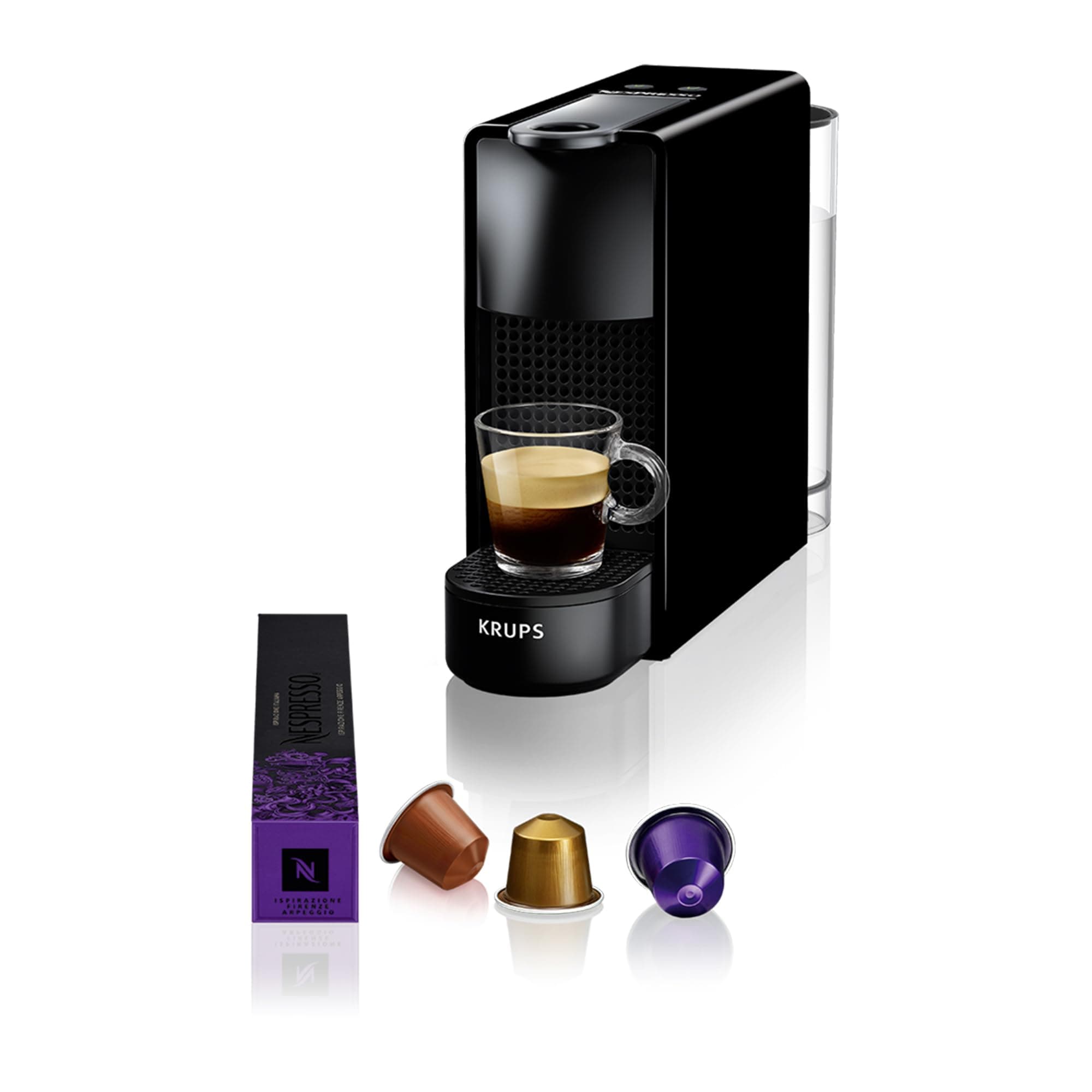 Nespresso Krups Essenza Mini Kaffeekapselmaschine, 7 Kapseln, 19 bar, Energiesparmodus, 1260 Watt, ‎0,6 l Wassertankvolumen, sehr kleines Gehäuse, schwarz, Energieklasse A, XN1108