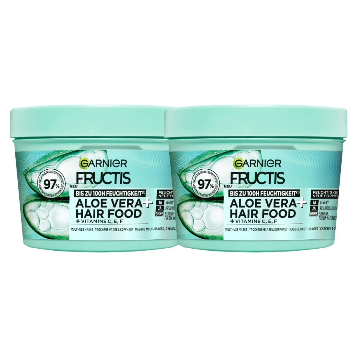 Garnier Fructis Aloe Vera Haarmaske, Leave-In für normales bis trockenes Haar, Mehr Geschmeidigkeit und Glanz, Intensive Feuchtigkeit, Ohne Silikone, Hairfood, 3in1, 400ml (Packung mit 2)