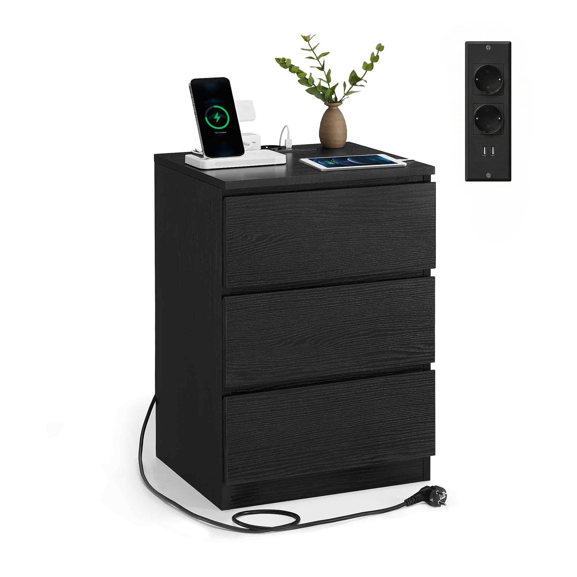 VASAGLE Kailyn Kollektion - Nachttisch mit Steckdosenleiste, Beistelltisch, 3 Schubladen, 2 AC-Steckdosen, 2 USB-A-Anschlüsse, modern, ebenholzschwarz LET631B56