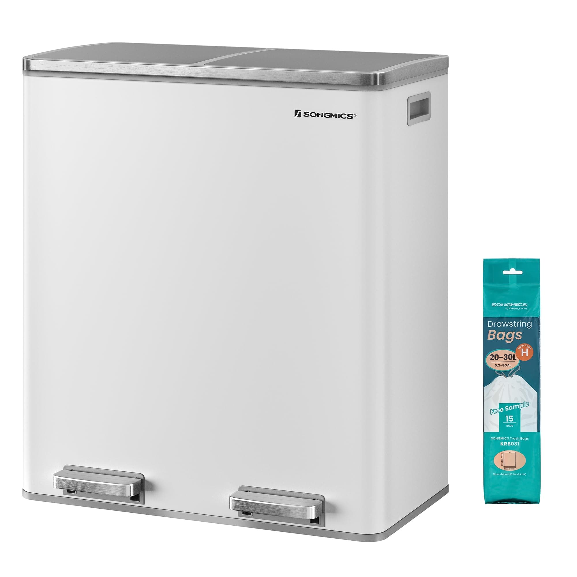 SONGMICS Poubelle à Double Compartiment 2 x 30 L, avec 15 Sacs Poubelles, Pédales en Métal, 2 Seaux Intérieurs en Plastique, Couvercles, Poignées, Fermeture en Douceur, Blanc et Gris LTB60WT