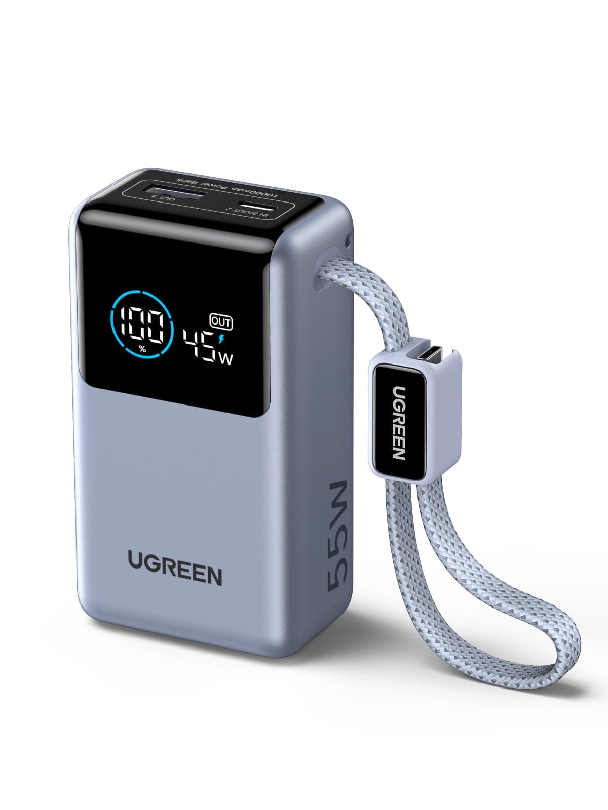 UGREEN Nexode 55W Batterie Externe 10000mAh Câble USB C Intégré Power Bank Portable Charge Rapide 2 Ports Affichage Numérique Compatible avec POCO F5 F4 GT X6 X5 Pro iPhone 17 16 15 Galaxy S25 S24
