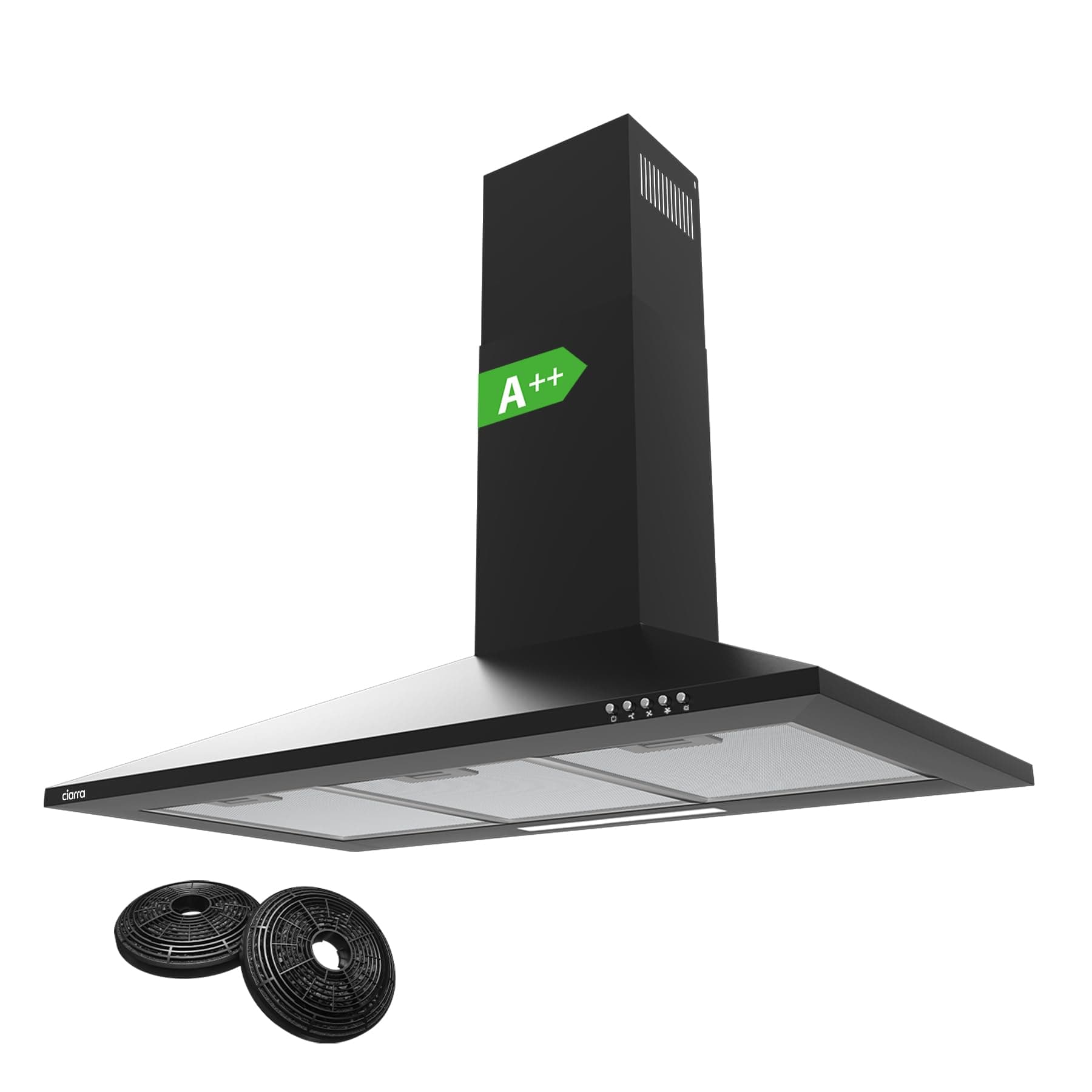 Ciarra CBCB9201 Hotte Aspirante 90 cm - Classe A++ - 370m³/h - 3 Vitesses - Recyclage ou Evacuation - Cheminée Extensible - Filtres à Charbon INCLUS - Noir