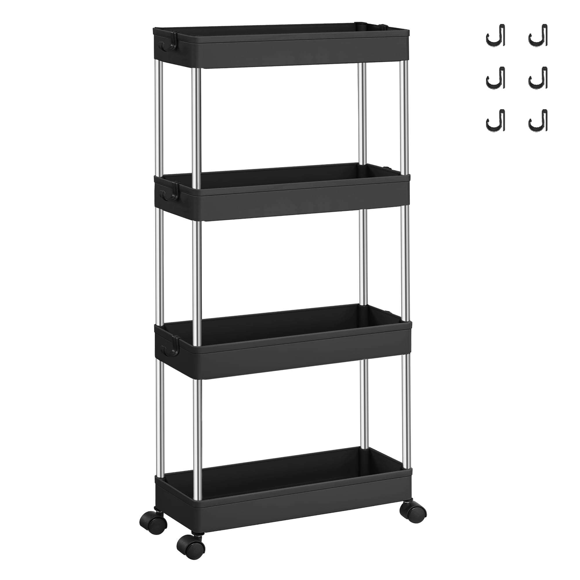 SONGMICS Rollwagen, Küchenwagen, Küchenregal, Nischenregal, mit 6 Haken, 360° drehbare Räder, Stahlgestell, Bad, Küche, Büro, 4 Ebenen, schwarz KSC008B01
