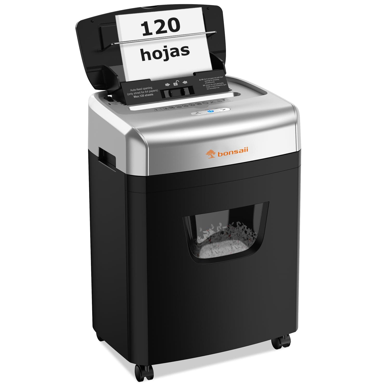Bonsaii Trituradora de Documentos 120 Hojas con Alimentación Automática, Corte en Microcorte P-4, Equipada con un Contenedor de 23 litros y 4 Ruedas (C233-B)