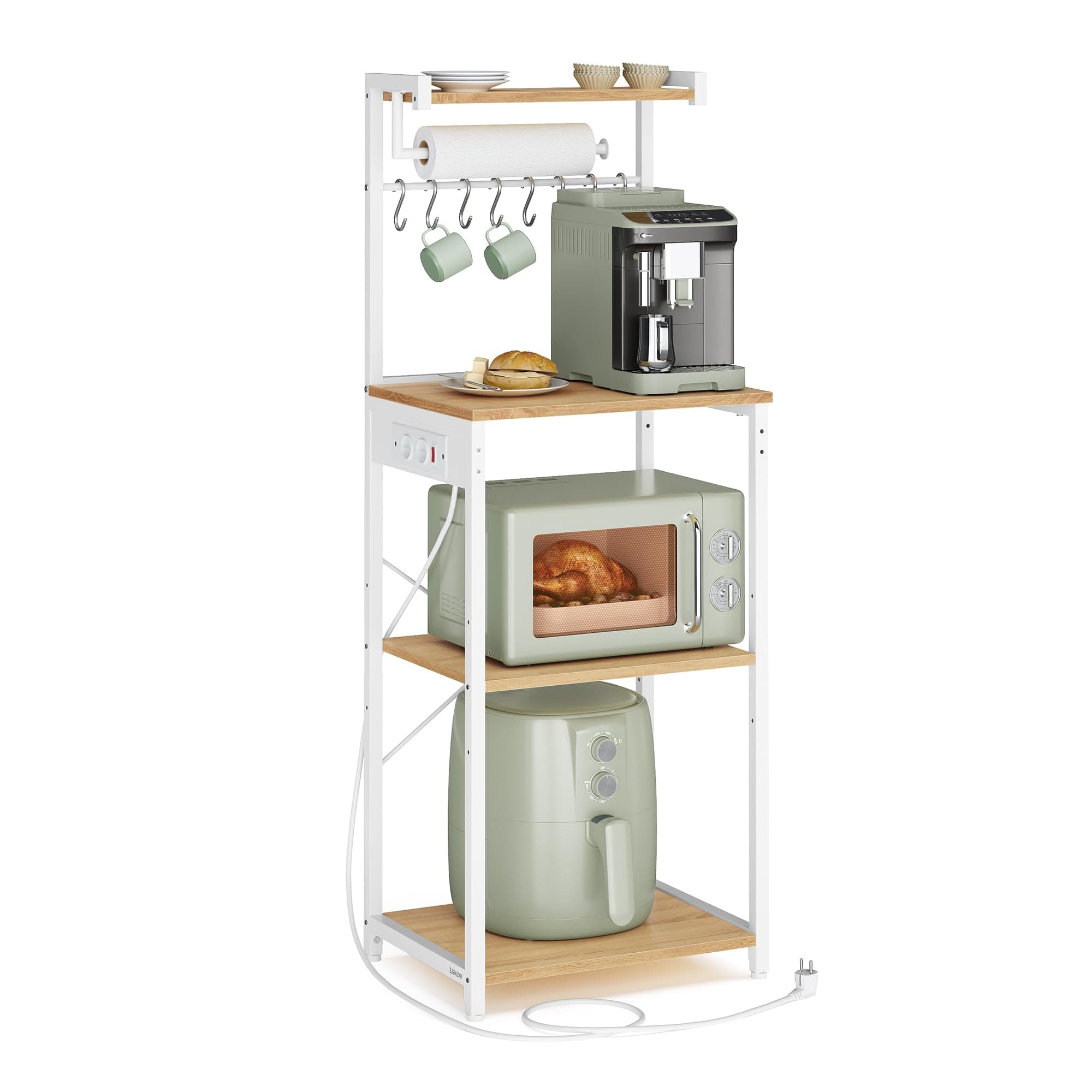 VASAGLE Scaffale da Cucina con Multipresa, Bar Caffèa 4 Ripiani con 8 Ganci a S, Ripiano Regolabile, Supporto per Microonde, 40 x 45 x 140 cm, Rovere Dorato e Bianco Nuvola KKS013YA02