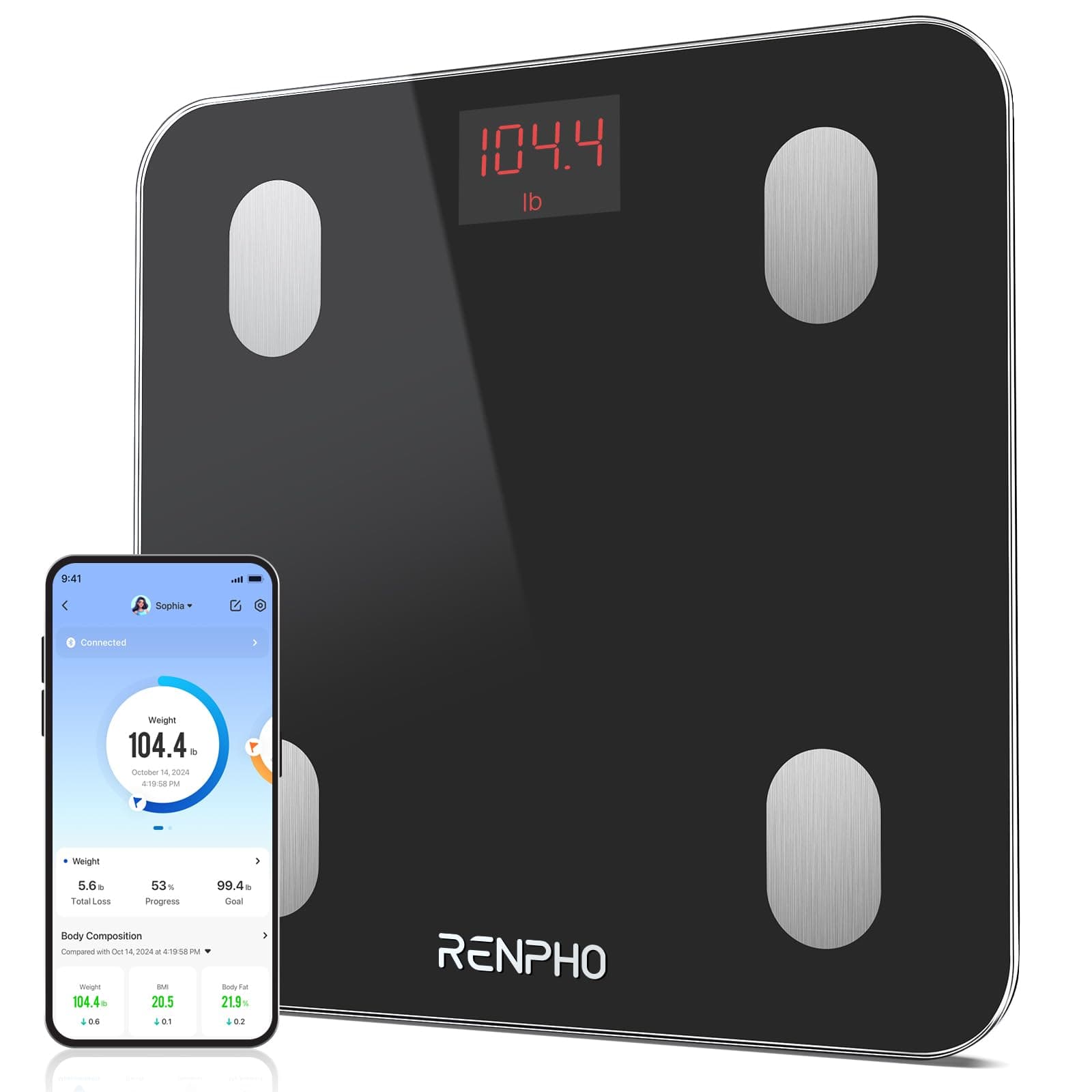 RENPHO Personenwaage Digital mit APP 180 kg, Waage Personen mit Körperfett und Muskelmasse mit 13 Messwerten, Bluetooth Körperfettwaage für Baby und Schwangere, Schwarz