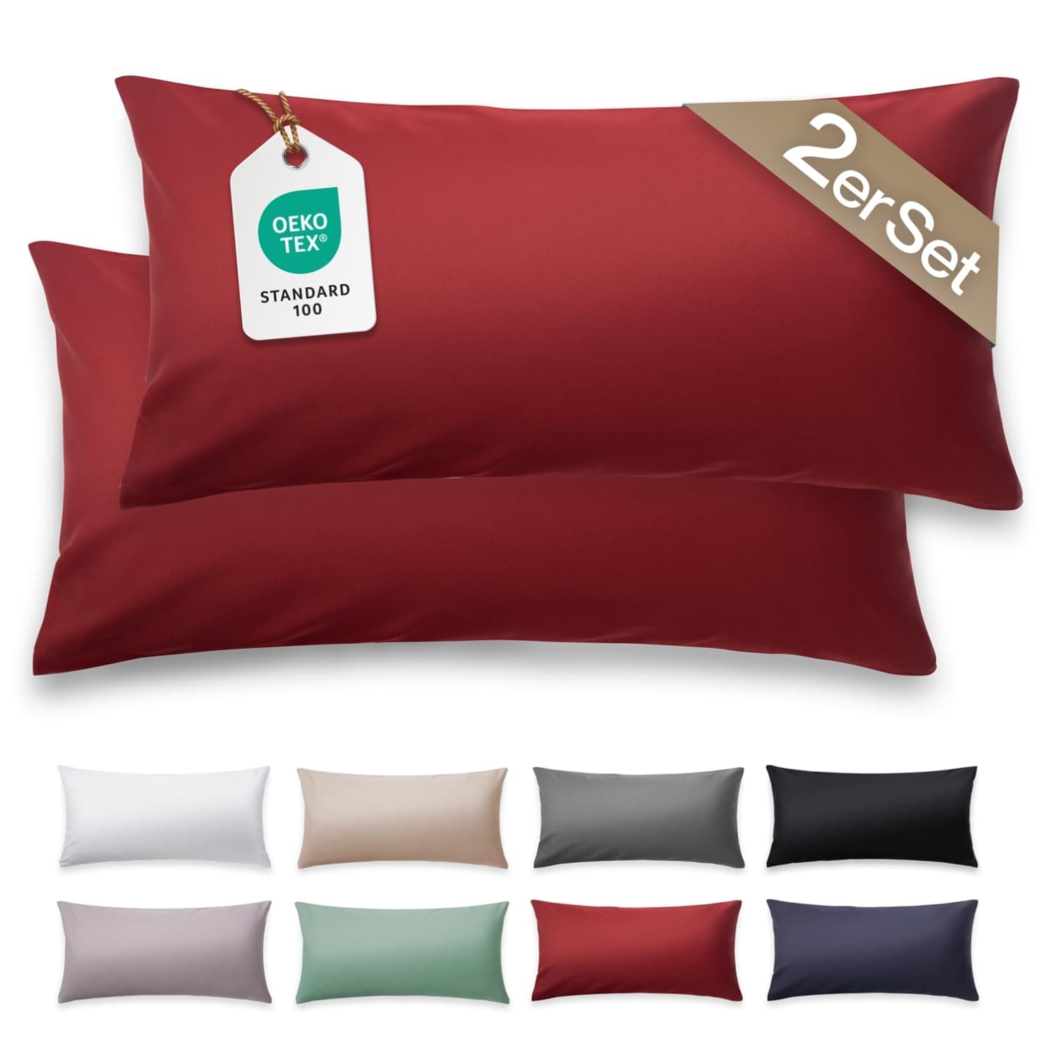 Blumtal Mako Satin Kissenbezug 40 x 80 Baumwolle Rot - 2er Set Kissenbezüge aus 100% Baumwolle - edle Glanzoptik & Reißverschluss - Satin Kissenbezug für Kopfkissen 40x80 & Sofakissen