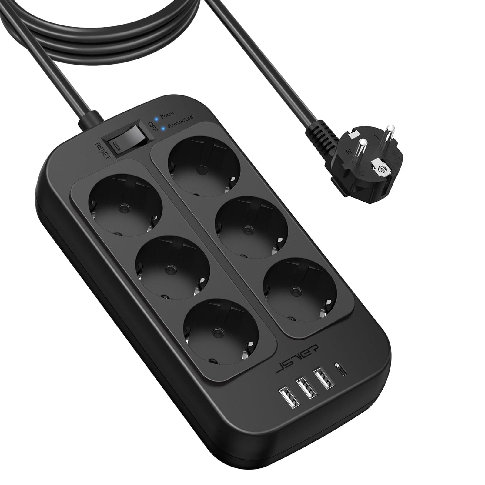 JSVER Regleta Enchufes 3M, Proteccion Sobretension con 6 Toma de Corriente y 4 USB Puertos(5V3,4A) USB Estación de Carga Inteligente USB Tomas Alargadora con Interruptor-Negro