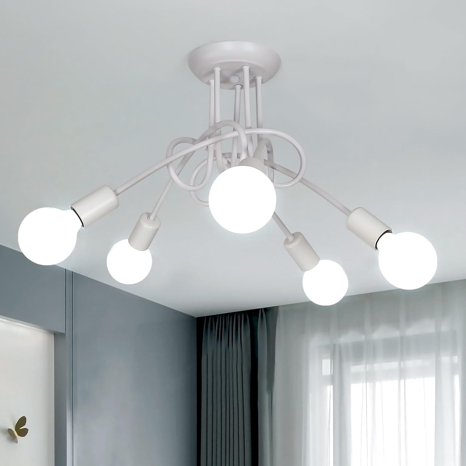 Comely Lampadario Vintage, E27 Plafoniera Industriale a 5-Luci, Lampadari LED Soffitto per Soggiorno Camera da letto Sala da pranzo Guardaroba Corridoio, Bianco, Ø60cm (lampadine non incluse)