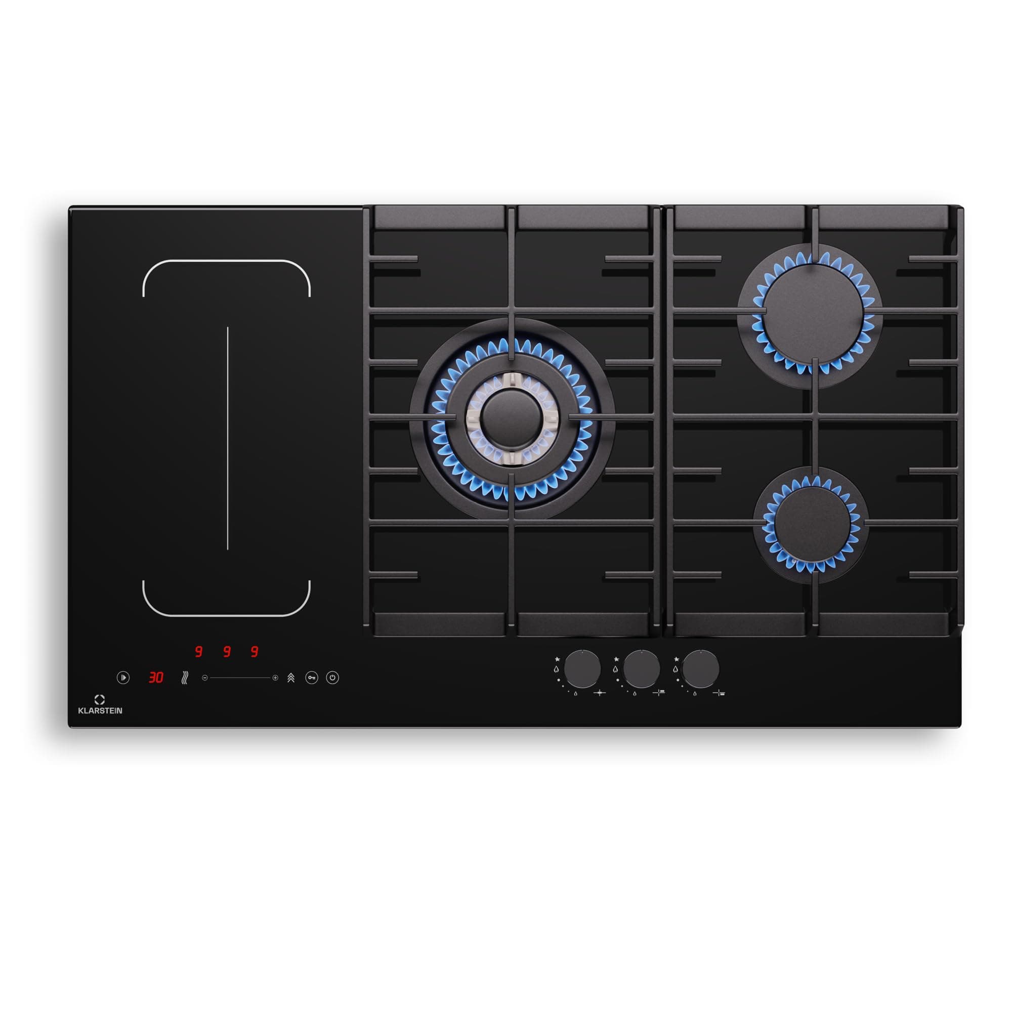 Klarstein MultiChef 5 Plaque Induction Et Gaz - 5 Zones, Flexzone, 10,6 Kw, Commande À Glissière, Stop&Go, Minuterie, Noir, 87,5 Cm