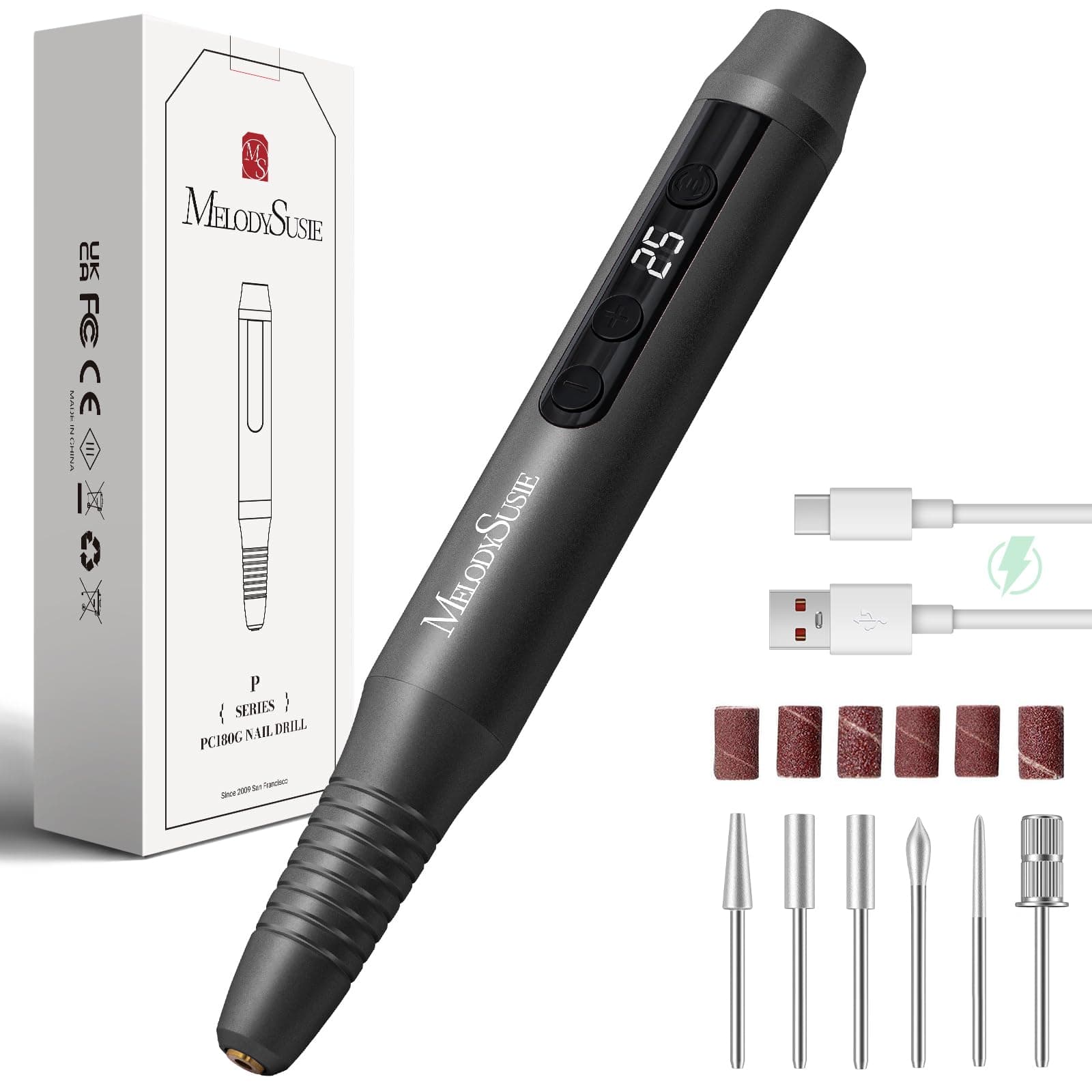 MelodySusie Ponceuse pour Ongles Professionnel Sans Fil 25000 tr/min, PC180G Lime a Ongle Electrique Rechargeable Vitesse Réglable avec LED écran, Portable Kit Manucure pour Salon/Maison (noir)