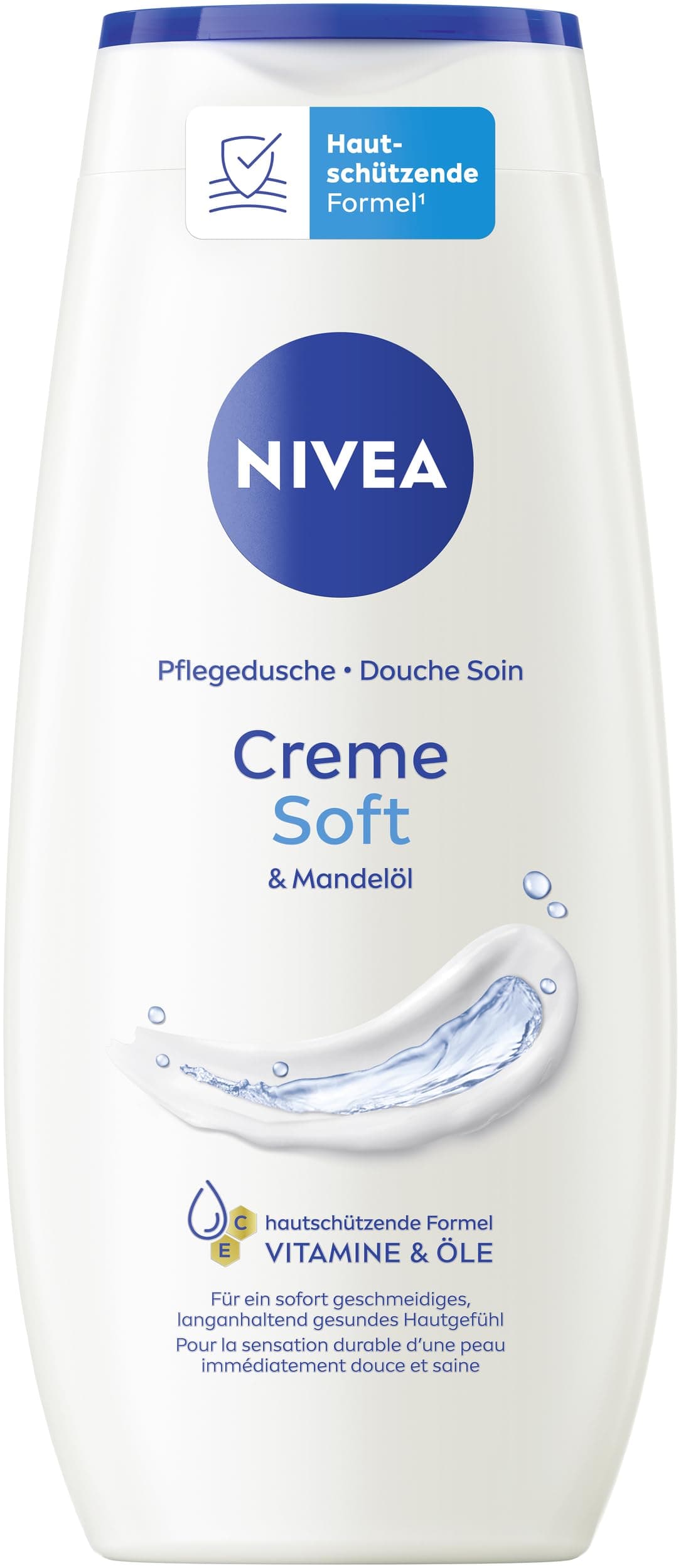 NIVEA Creme Soft Pflegedusche, Duschgel mit Vitaminen und wertvollen Ölen, feuchtigkeitsspendende und pH-hautneutrale Cremedusche mit mildem Duft (250 ml)