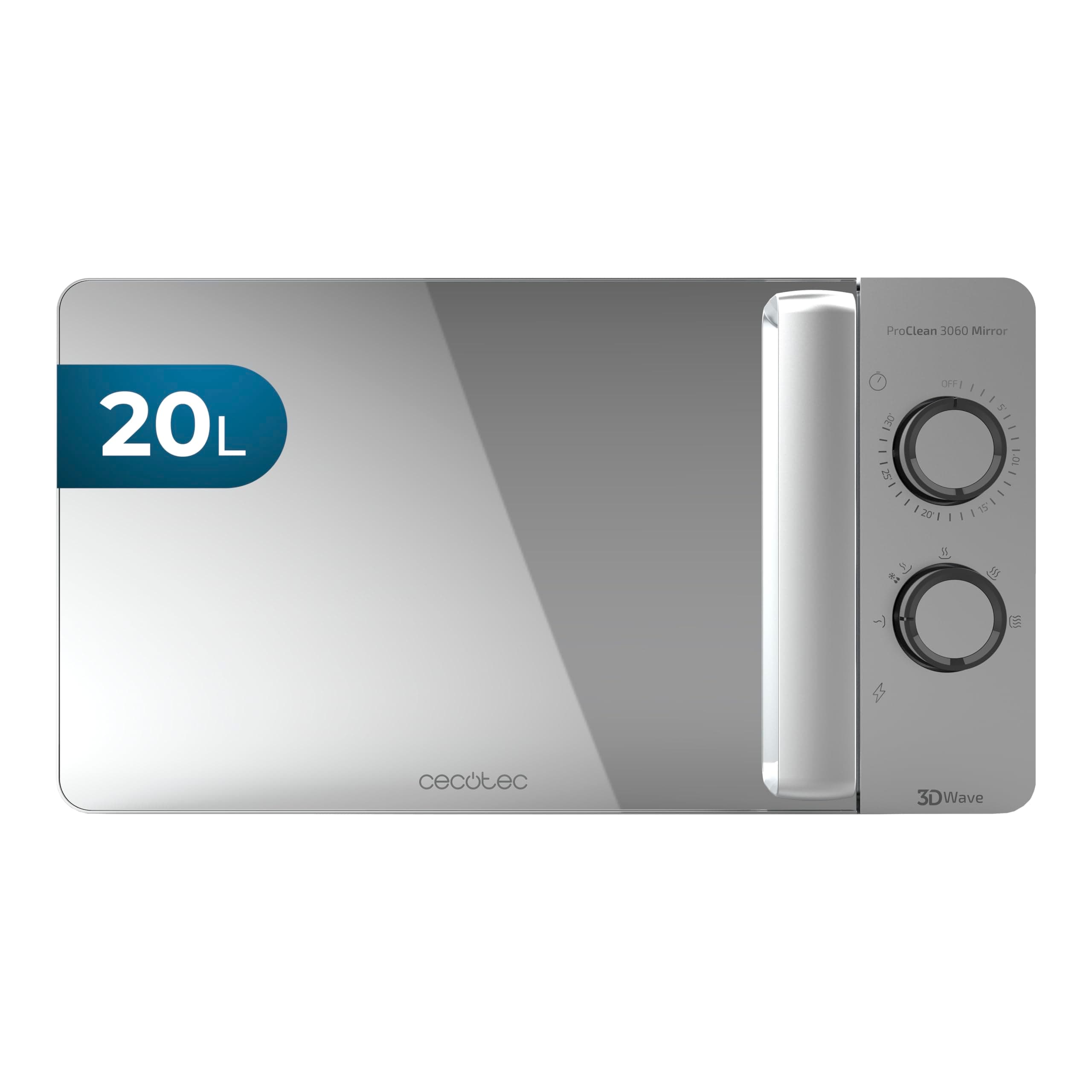 Cecotec Micro-ondes ProClean 3060 Gray Mirror. Capacité de 20 L, Revêtement Ready2Clean, 700 W de Puissance, 6 Niveaux de Fonctionnement, Minuterie 30 minutes, Finition Argenté.