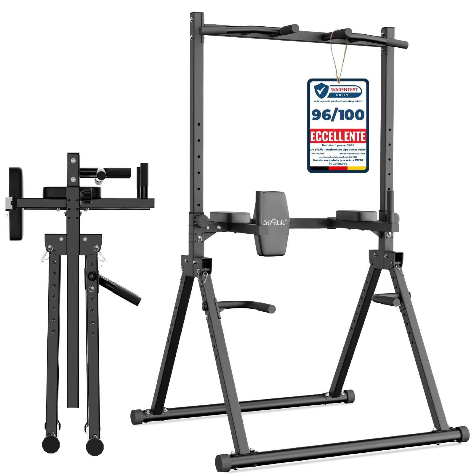 DH FitLife Power Tower Dip Station Pieghevole | Barra per Trazioni Autoportante con Dip Parallele e Supporti per Bilanciere/Schienale | Stazione Fitness Multifunzionale | Power Rack for Home Gym
