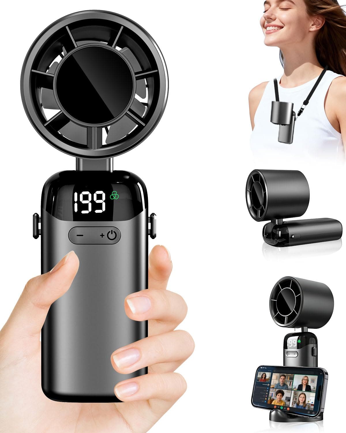 Ventilatore Portatile Turbo USB Ricaricabile, Pieghevole con Supporto Phone e Display LED. Batteria 3500mAh, Autonomia 10 Ore, Ventilazione Continua 1-199, Fresco Personalizzato per Viaggio e Ufficio