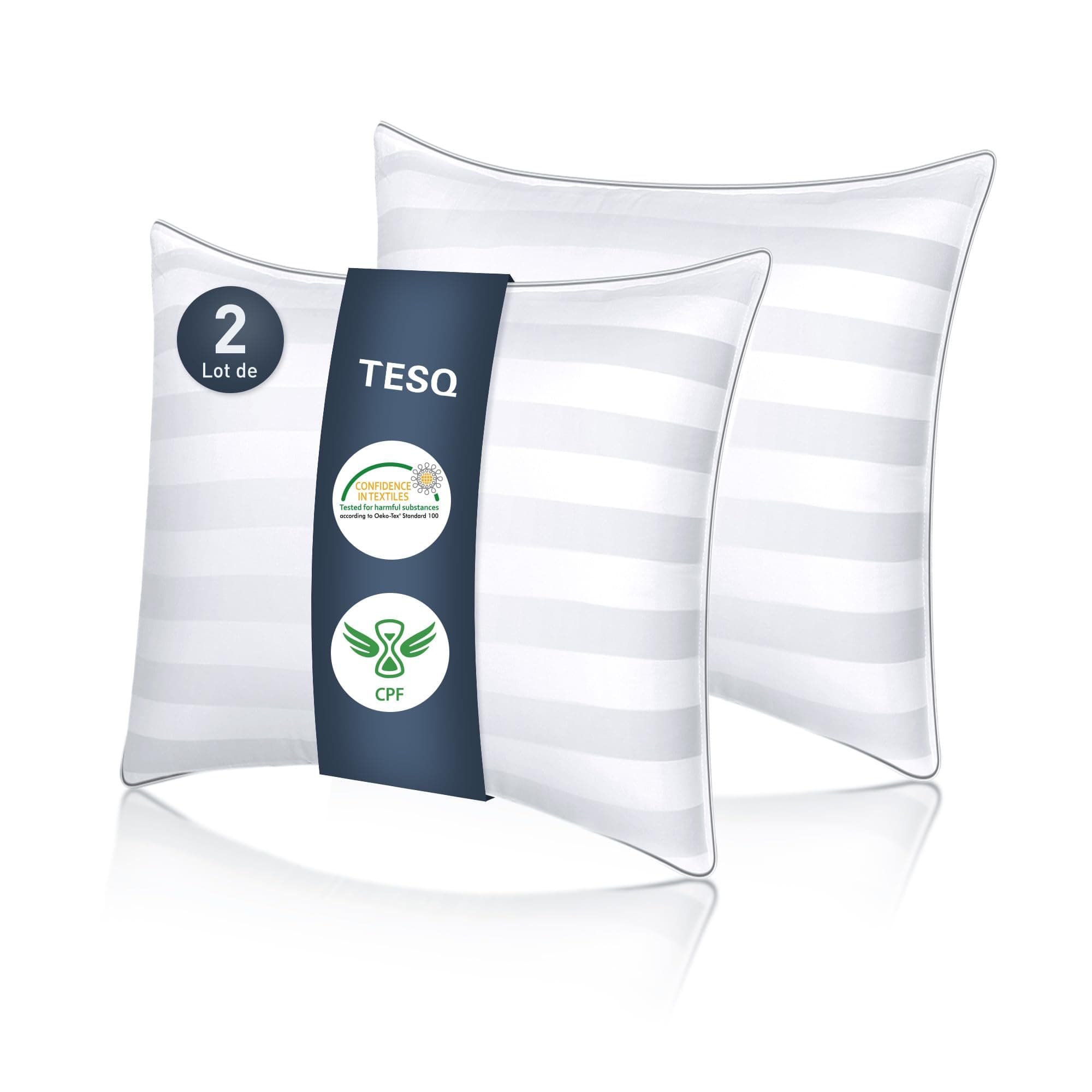 TESQ Oreiller 65x65 cm Lot de 2 Oreillers Confort Moelleux, Qualité Hôtelière de Luxe, Respirant et Hypoallergénique, Idéal pour Dormeurs sur Le Côté, Le Dos et Le Ventre, Lavable