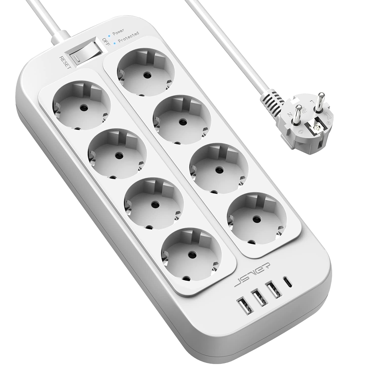 JSVER Regleta Enchufe Alargador con 4 Puertos USB(3 USB A+1 USB C) y 8 Tomas(3680W) Protección Sobretensión Multiple Carga para iPad iPhone Tablets,Cable 2m-Blanco