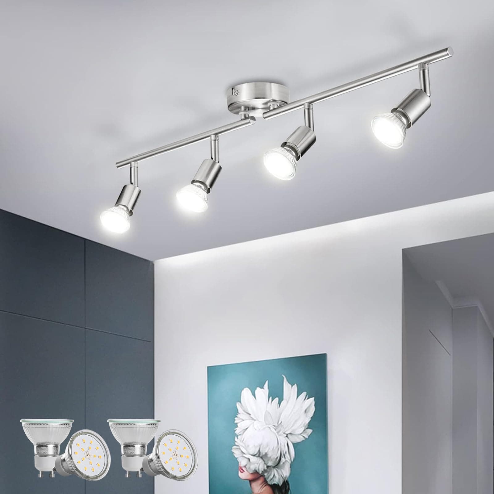 Bojim Lampara de Techo LED con 4 Focos, Aplique Comedor Interior Orientable Light, incl. 4 X 6W GU10 Blanco Natural Luces Lámpara, Luz Barra Pared Plafon Ceiling para Baño Pasillo Cocina, Níquel Mate