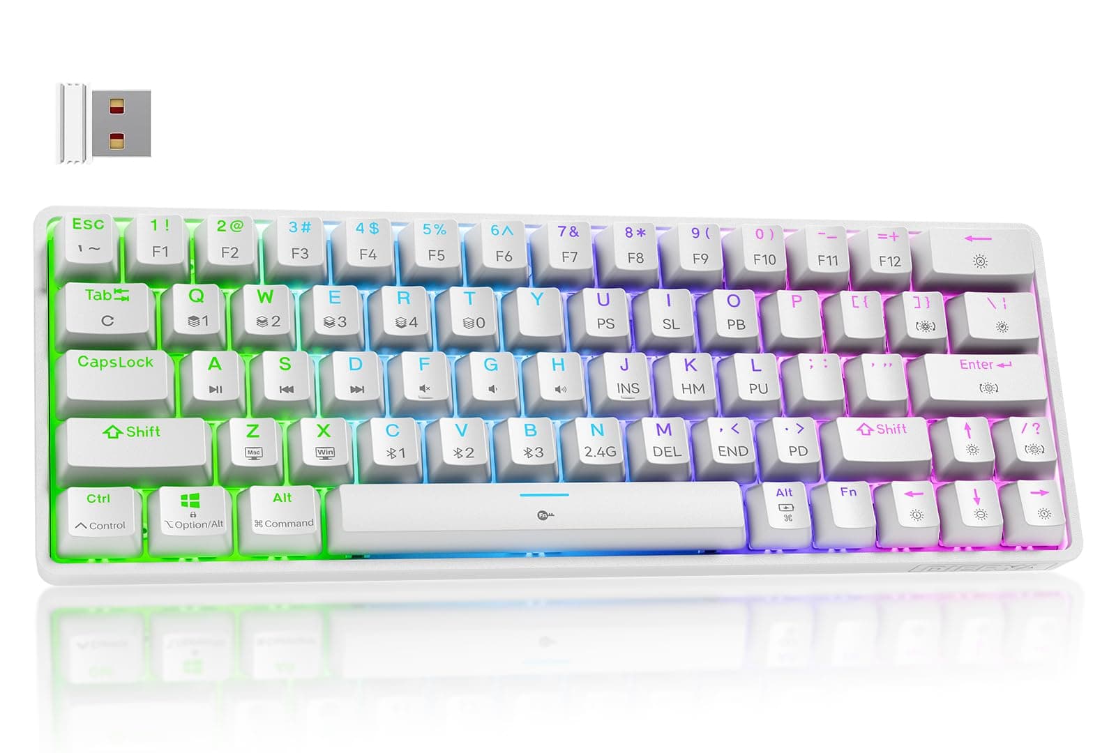 Dierya DK63 Tastiera Gaming Wireless con Interruttori Meccanica Lineari,60% Tastiera 2.4Ghz/Bluetooth/Type-C,Retroilluminazione RGB,Mini Compact 6 Tasti Anti-Ghosting（Layout US,QWERTY） Bianco