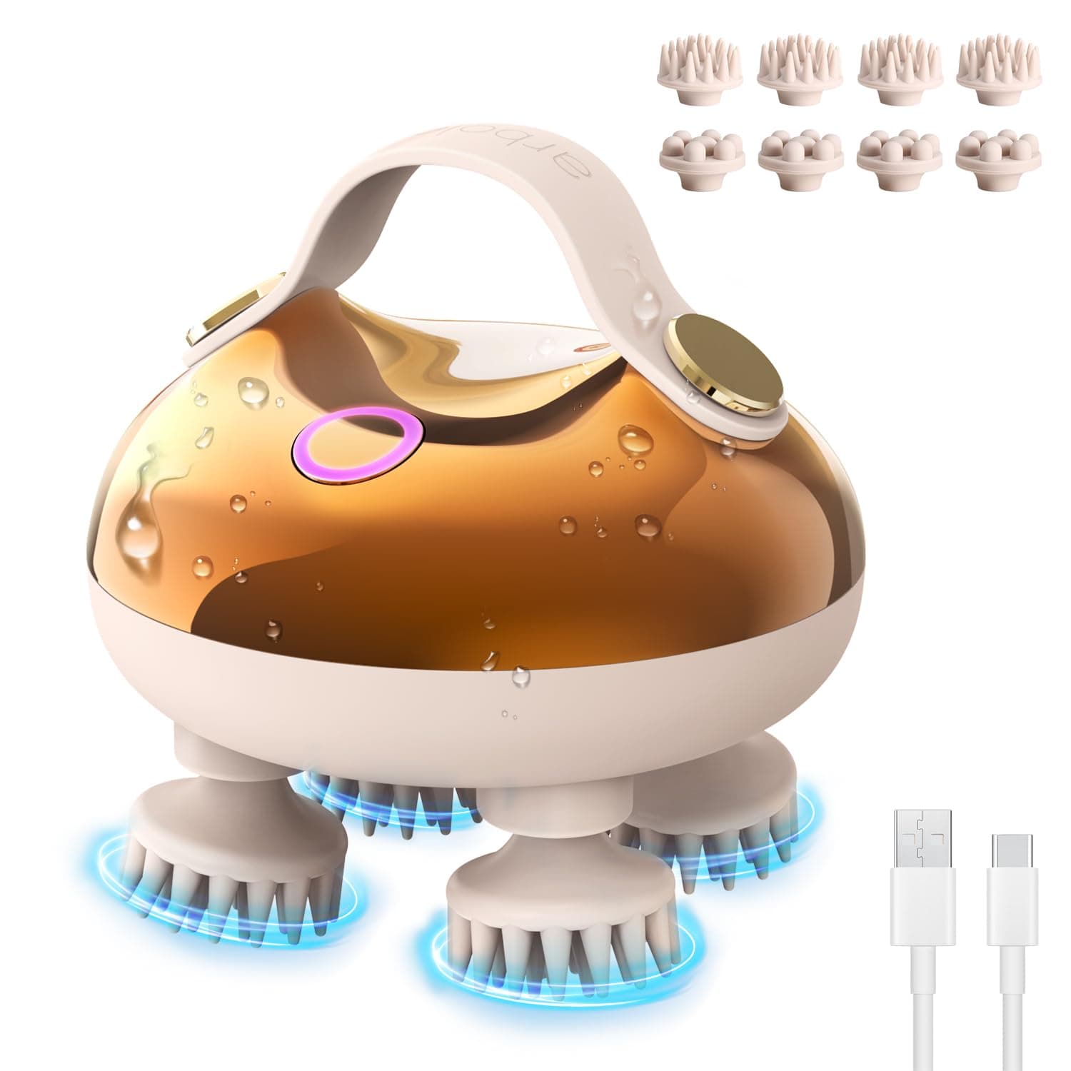 arboleaf masseur de tête électrique, masseur de cuir chevelu IPX7 imperméable à l’eau avec 8 têtes de massage et 3 modes de massage, masseur de tête pratique pour la relaxation (Golden)