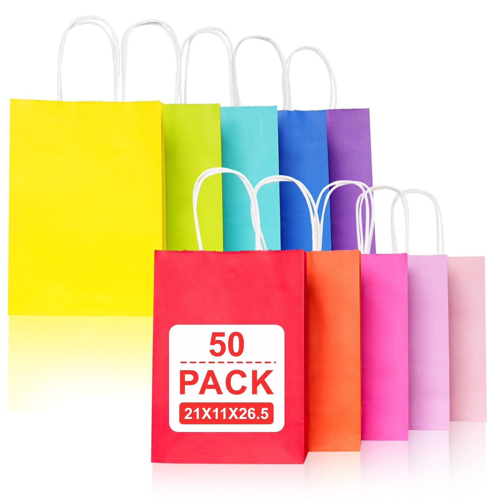 Gucass 50 Pezzi Colorato Sacchetti Carta con Manici, Medi Borse Carta Kraft Sacchetti da Regalo Carta, 21x11x27cm, Shopper in Kraft Carta Borsa Regalo, per Feste Compleanno Natale Matrimoni Shopping