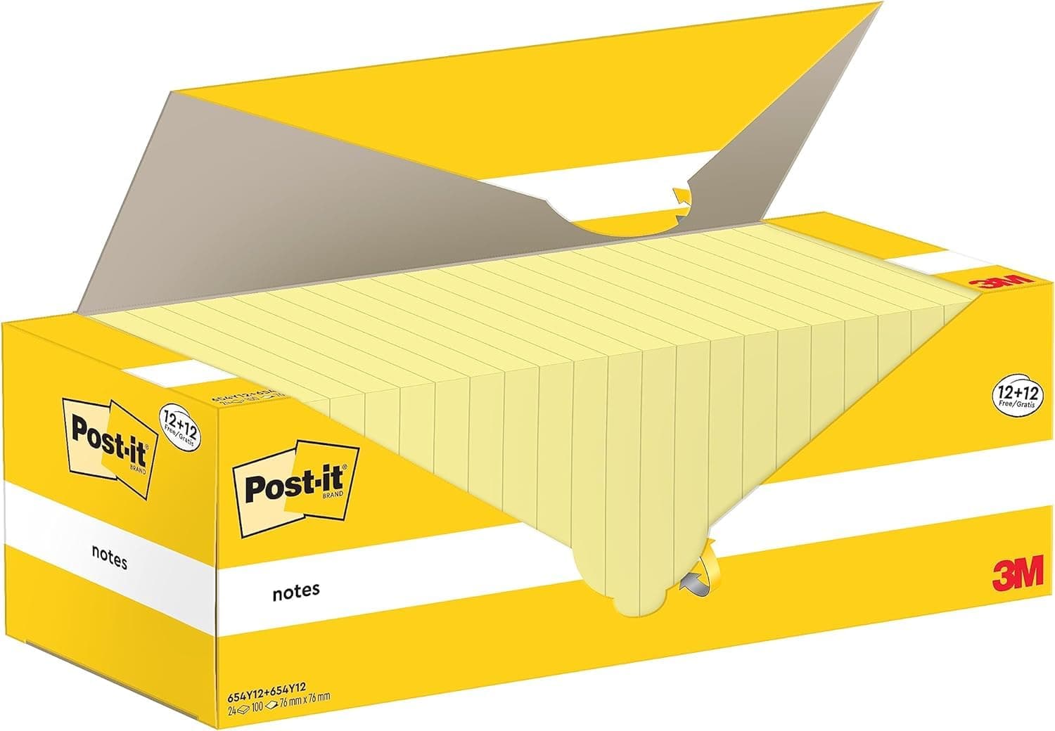Post-it Foglietti Canary Yellow, Confezione da 12 blocchetti + 12 Gratis, 100 Fogli per blocco, 76 mm x 76 mm, Colore Giallo - Foglietti Adesivi Fogli Adesivi per Appunti, Elenchi & Promemoria