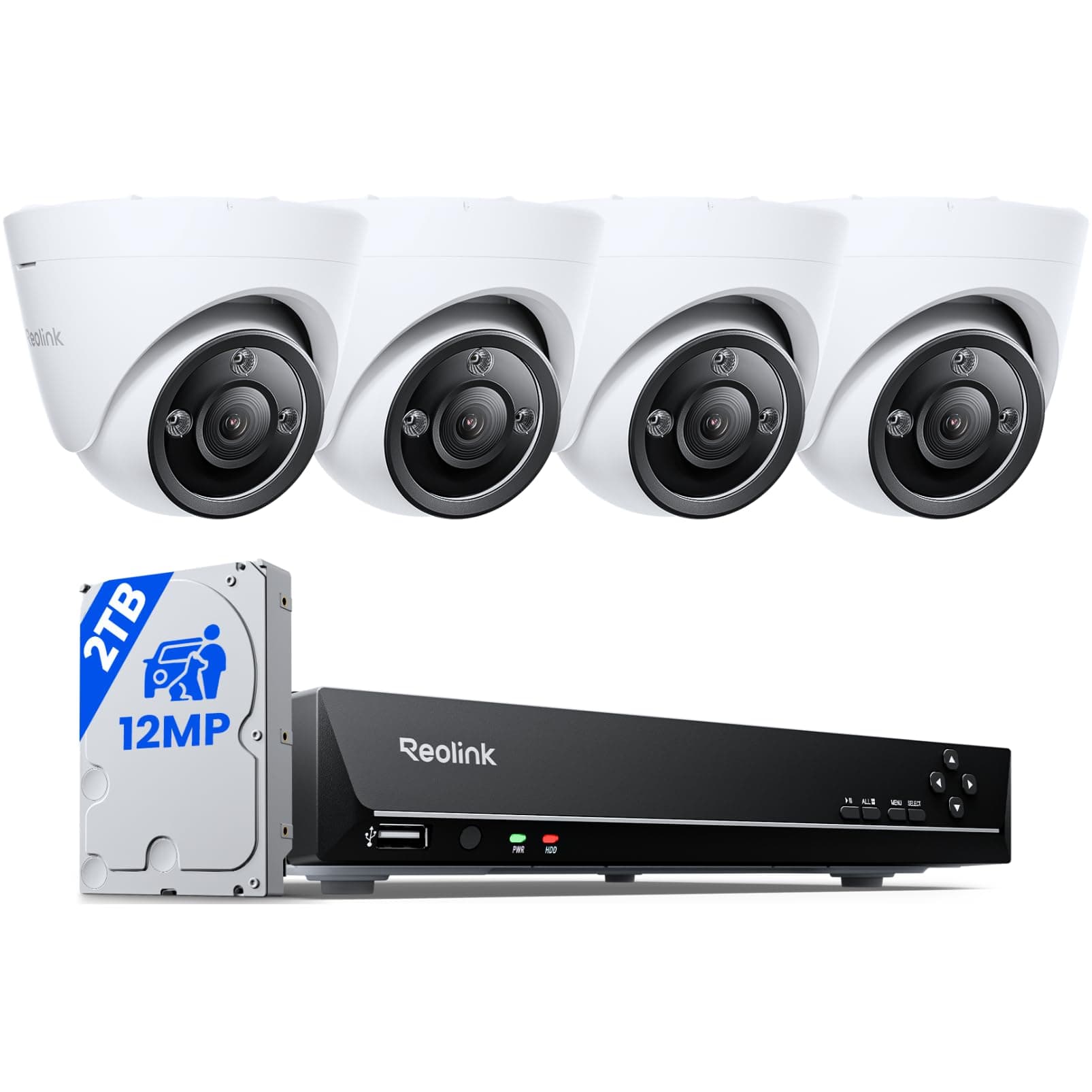 Reolink 12MP Kit Vidéo Surveillance, 4X 12MP Caméra IP PoE, Détection de Personne/Véhicule, Audio Bidirectionnel, Kit Caméra Surveillance avec 8CH 2To NVR, Vision Nocturne en Couleur, RLK8-1200D4-A
