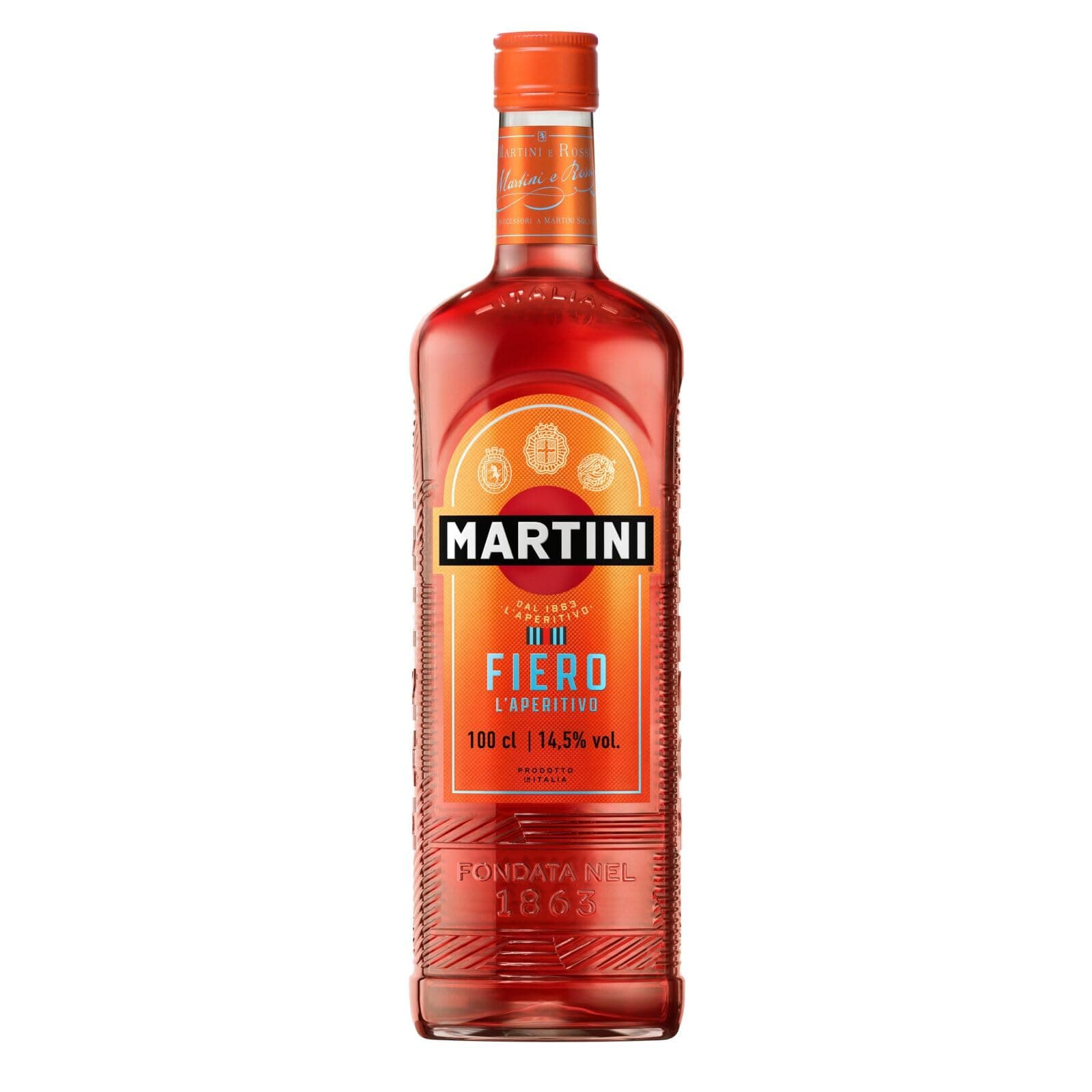 MARTINI Fiero roter Wermut Aperitif, 14,5% vol., 100cl / 1L, süßer Aperitif angereichert mit handgeschnittenen spanischen Orangenschalen