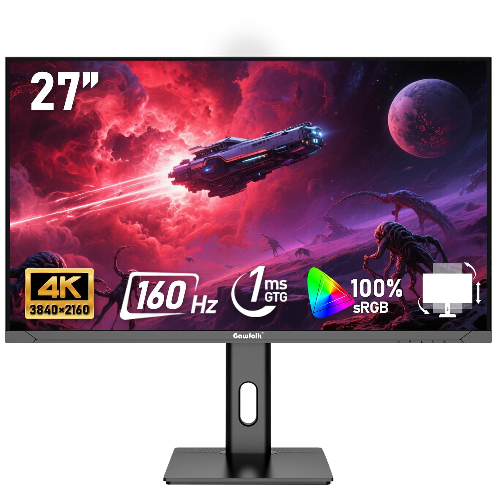 Gawfolk Écran PC 27 Pouces IPS, Moniteur de Jeu 4K UHD 160Hz, 1ms, FreeSync, 100% sRGB, Grand Angle de Vision de 178°, HDMI 2.1, DisplayPort, réglable en Hauteur et pivotant, VESA 75 * 75mm - Noir