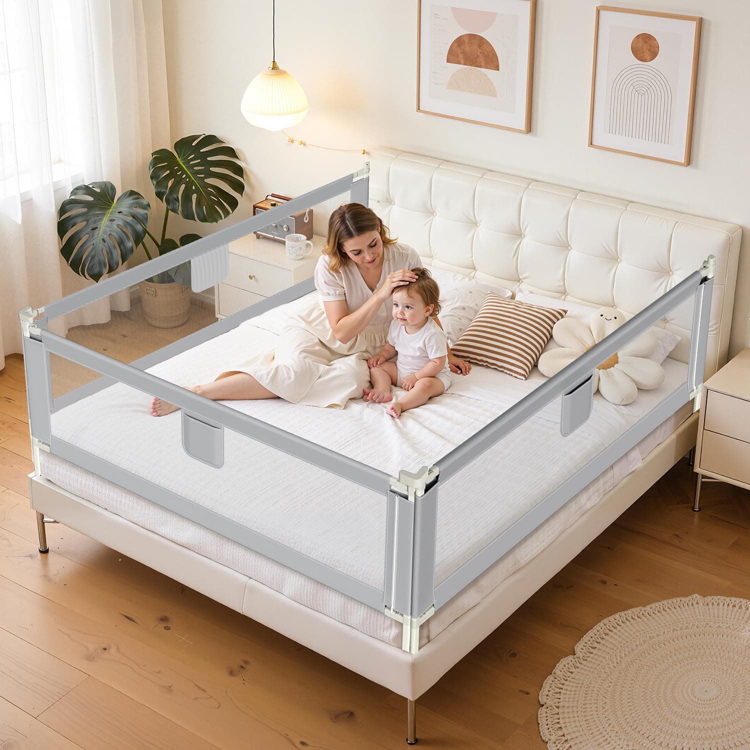 Tubiaz 1x150CM+2x180CM Barrera Seguridad Niños Cama, Altura Regulable 64-96cm, Barrera Cama niños con protección contra caídas, Barandilla Cama niño Plegable, Fácil de Montar, Gris