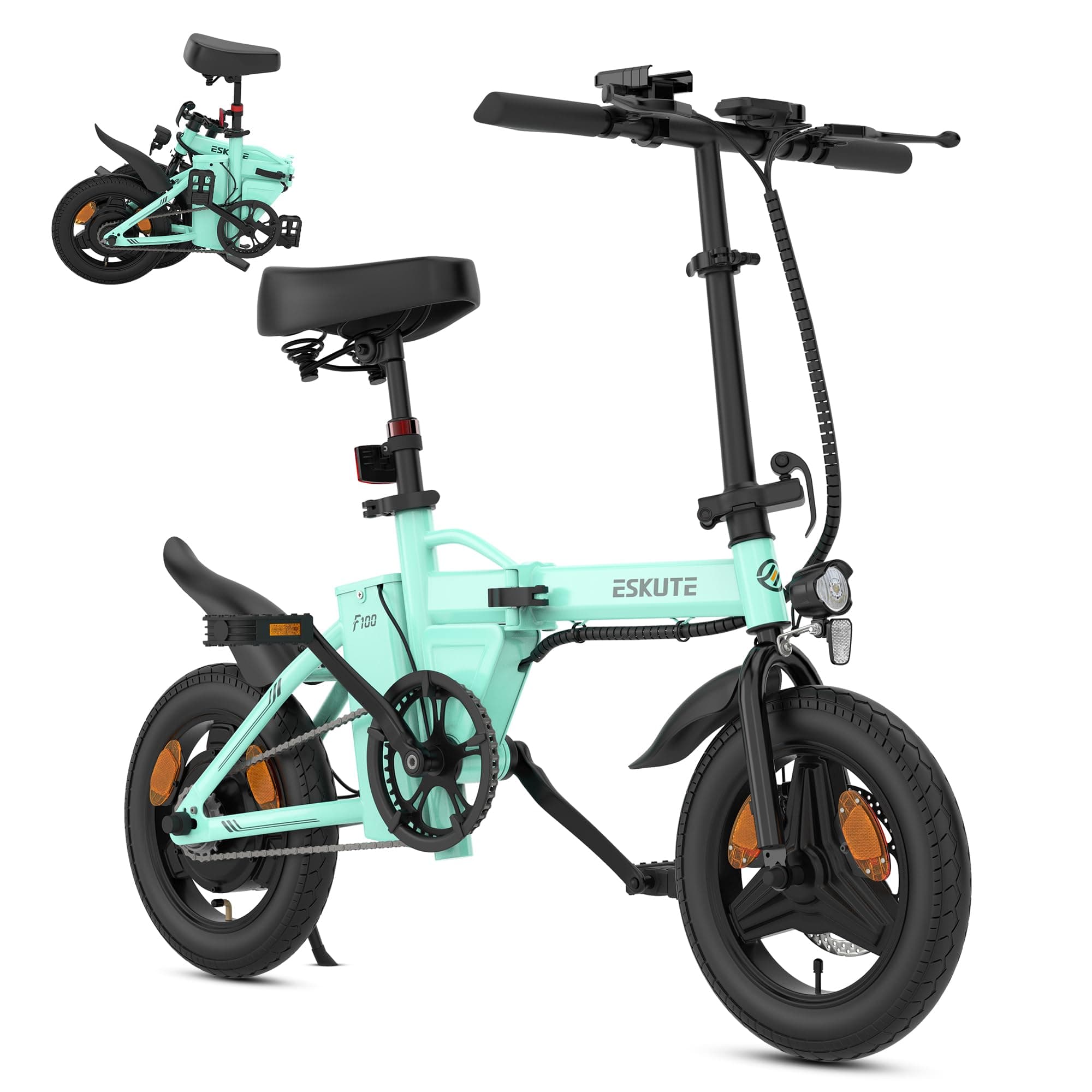 ESKUTE F100 Bici Elettrica Per Adulti, 14" Pieghevole Bicicletta Elettrica, Batteria 36V 9Ah, 25 km/h & Autonomia 25-50 km, Display LCD, Supporto USB, Sella Ergonomica, Ebike per Pendolari Urbani