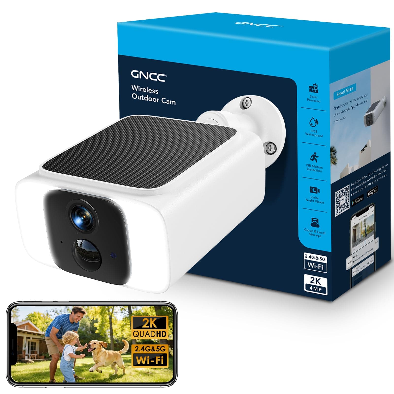 GNCC 4MP Camera Surveillance WiFi Exterieure sans Fil Solaire, 5G/2.4GHz WiFi Camera Exterieur avec Panneau Solaire, Vision Nocturne Couleur, Audio Bidirectionnel, PIR Sirène, W20