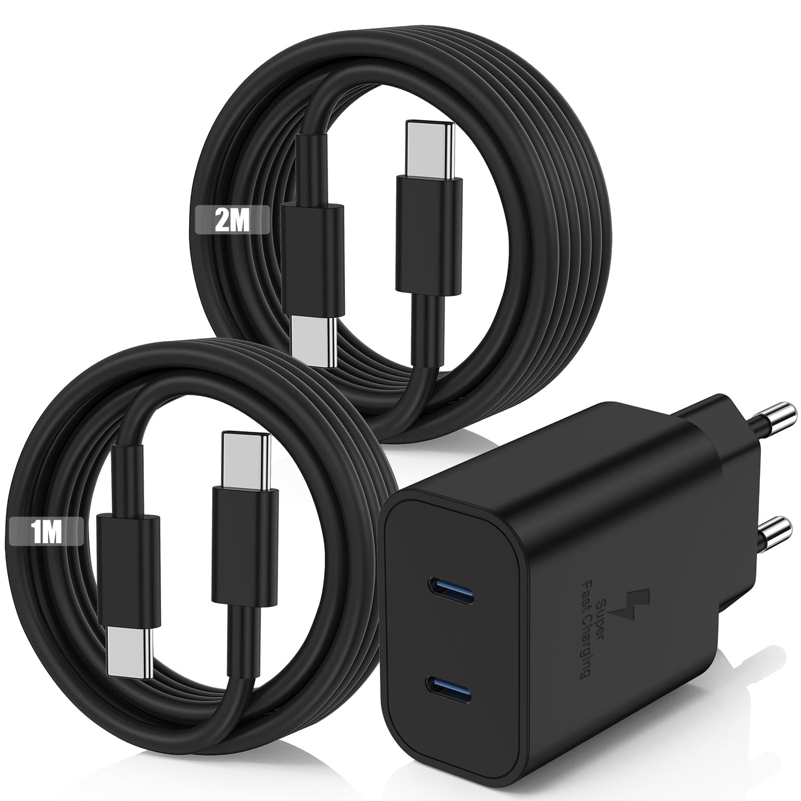 45W Super Chargeur USB C Rapide pour Samsung Galaxy S25+,S25 Ultra,S24+,S24 Ultra,S23+,S23 Ultra, S22,S21,Note20,A54,A53,Z Fold5,Flip5,Fold4,Tab S8 Ultra, Adapteur Type C avec 1M+2M Câble USB C