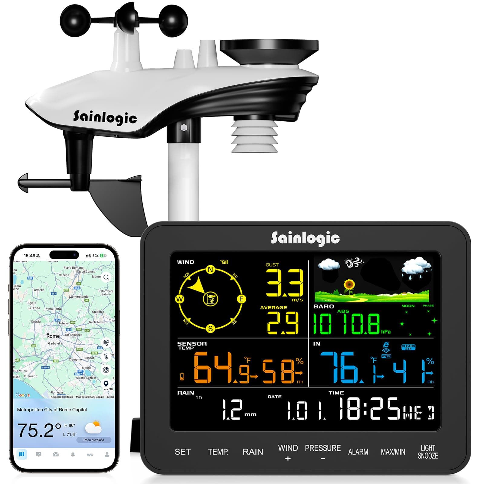 Sainlogic Stazione meteorologica intelligente con WLAN, Previsioni meteo IA 24/7 di Weatherseed®, Avvisi APP ed Email, Pluviometro e Anemometro Digitale, Archiviazione dati di 2 anni (Solo 2.4 GHz)
