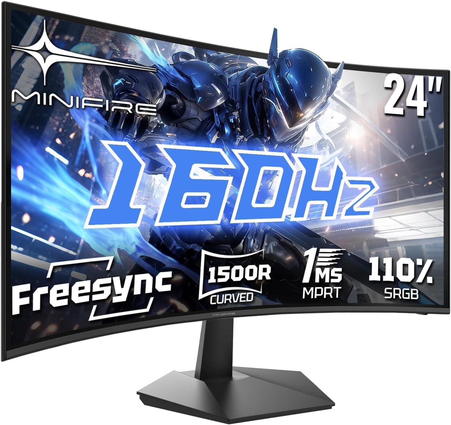 Minifire Ecran PC Gamer Incurvé 24 Pouces -160Hz, FHD 1920x1080, 1ms MPRT, 110% sRGB, 1500R, Pied en métal, Adaptive Sync VESA 100x100mm, Inclinaison réglable, HDMI2.0/DP1.4（MFG24C1L）