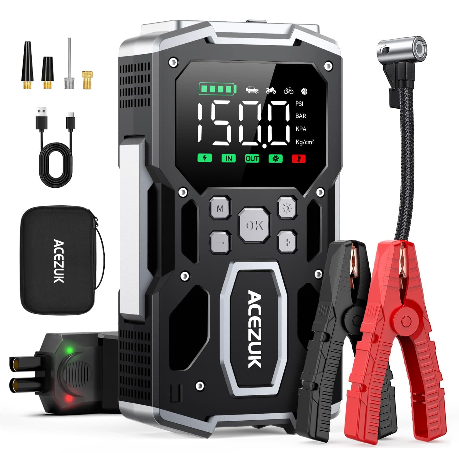 ACEZUK Arrancador de Batería de Coche 8000A, Compresor de Aire 150PSI, 26800mAh Arrancador de Coches para Vehículo(Toda Gasolina o 10L Diésel), 12V Jump Starter con 400-Lumen LED