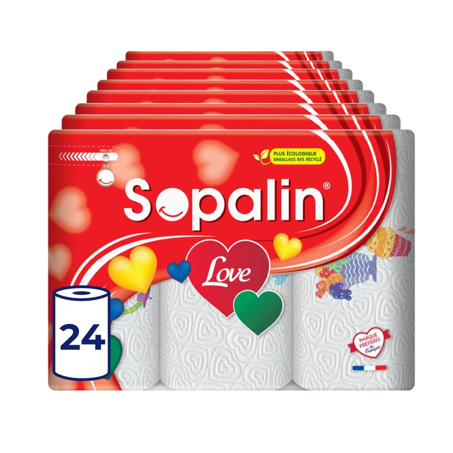 Sopalin Love – 24 Rouleaux de Essuie-tout cuisine, 47 Feuilles par Rouleau, Double épaisseur, Décoré, Texture en forme de Cœur, Blanc