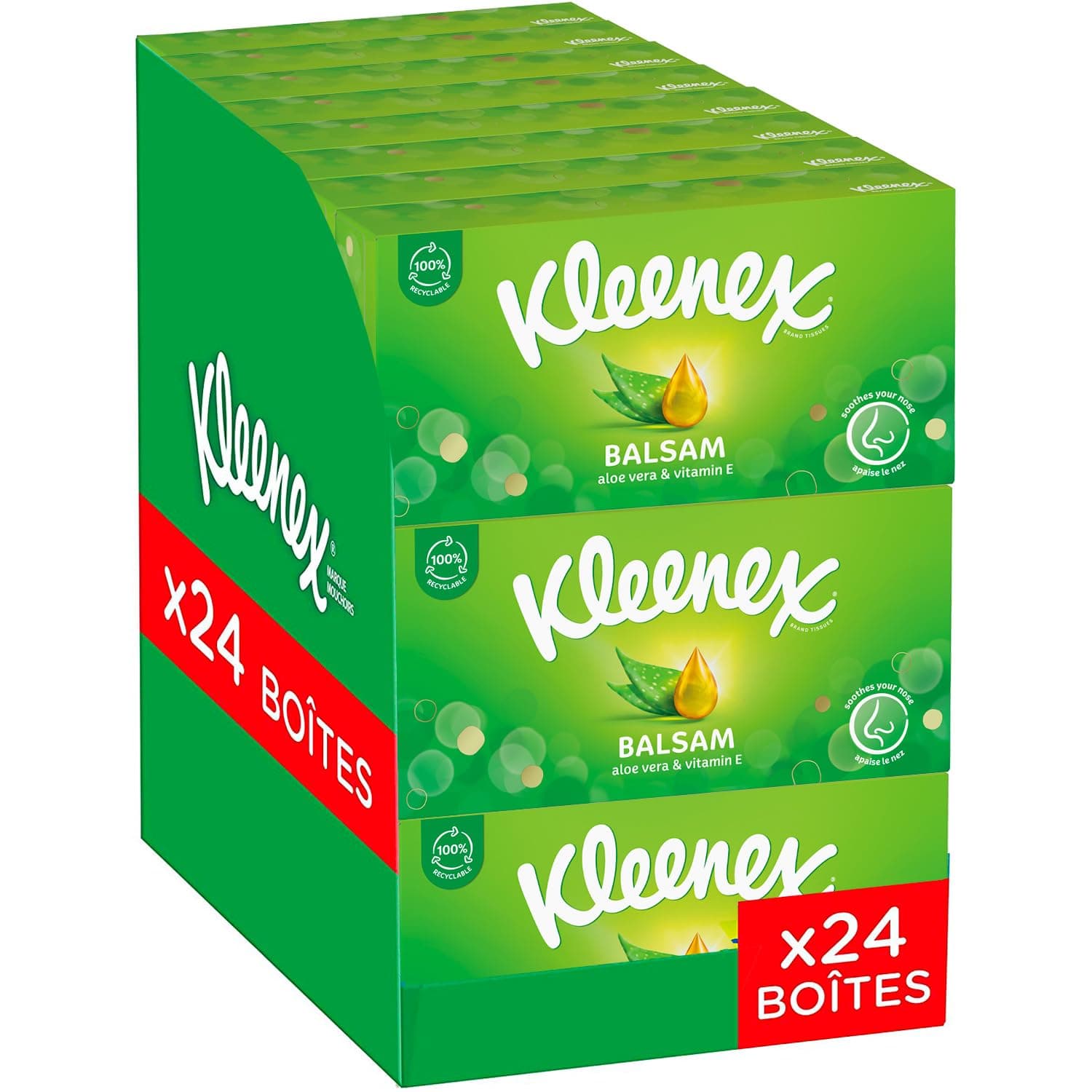 KLEENEX - Mouchoirs boîte Balsam (24 boites de 64 mouchoirs) - dépose un baume protecteur qui apaise vos nez idéal en cas de gros rhumes - Fabriqué en France