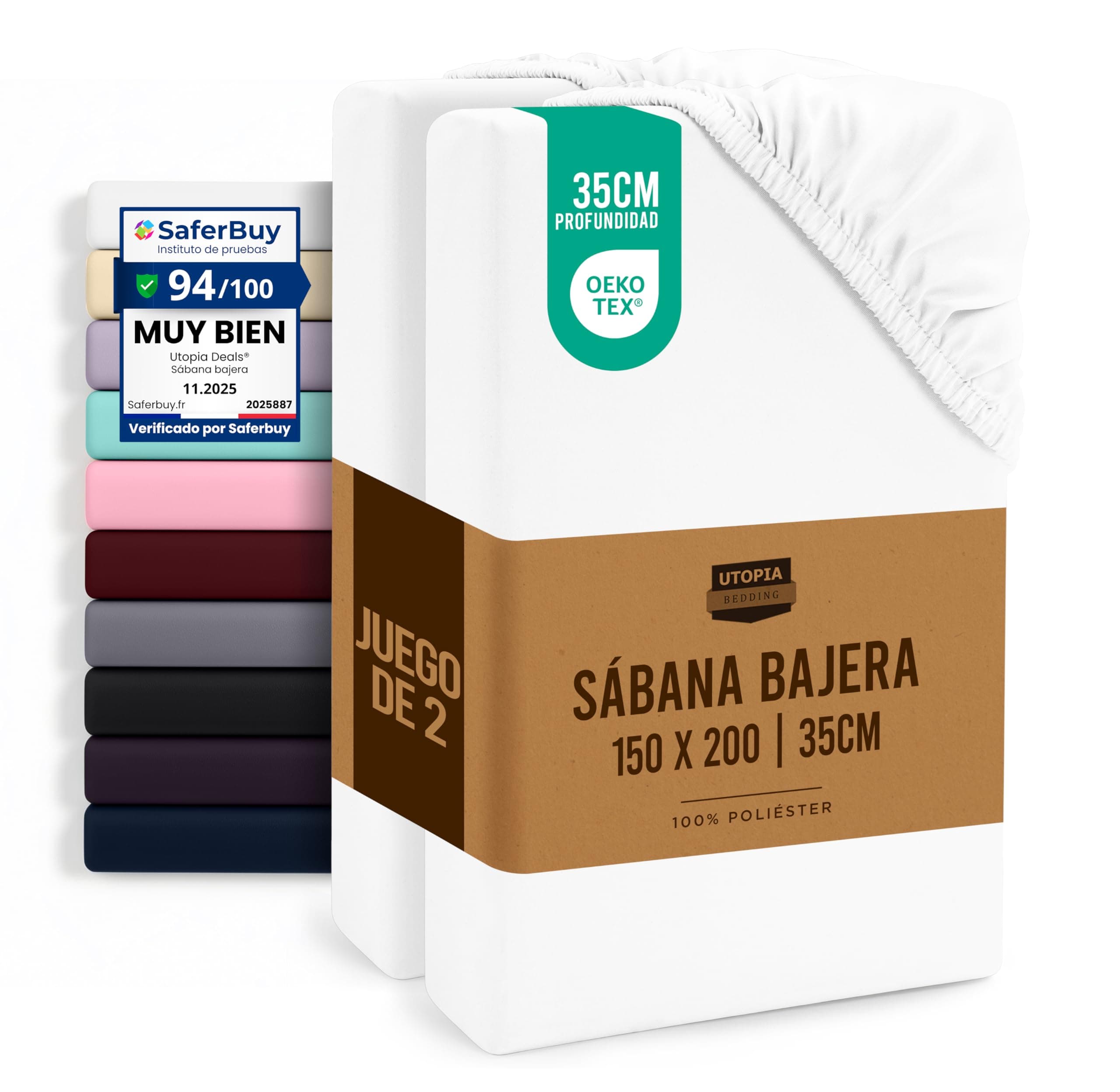 Utopia Bedding Juego de 2 Sabana Bajera 150x200 - Blanco - Certificado Oeko Tex - Bolsillo Profundo - Microfibra Cepillada (Cama 150)