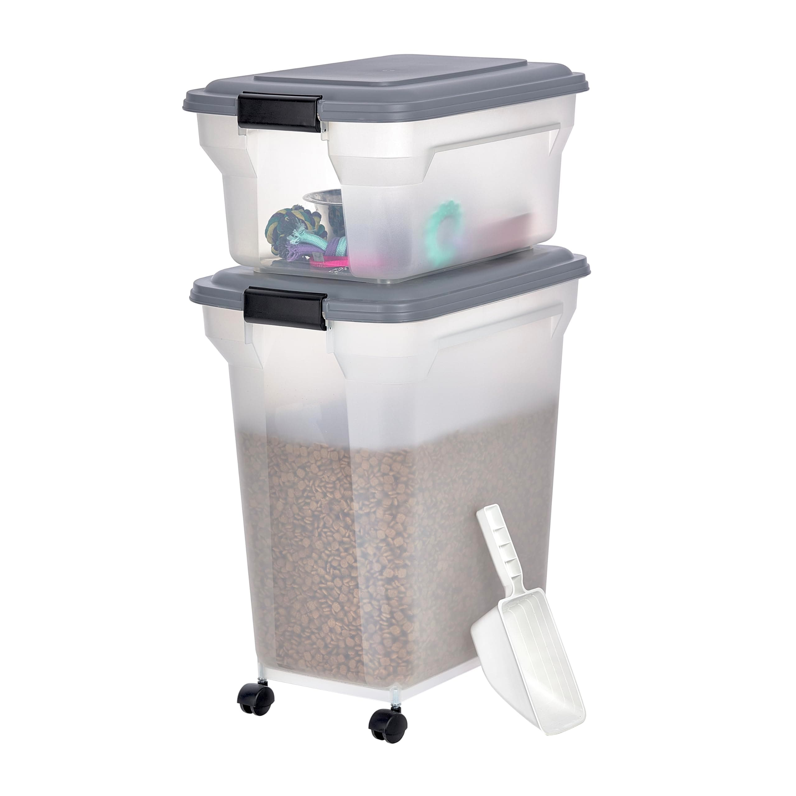 Iris Ohyama, Boite Croquette Chien Hermetique à Roulettes, 40L+19L / 15+8kg, Gris, Couvercle à Rabat avec Joint Etanche, Plastique, pour Chien, Chat, Friandises, Conteneur Croquettes, sans BPA, ATS-C