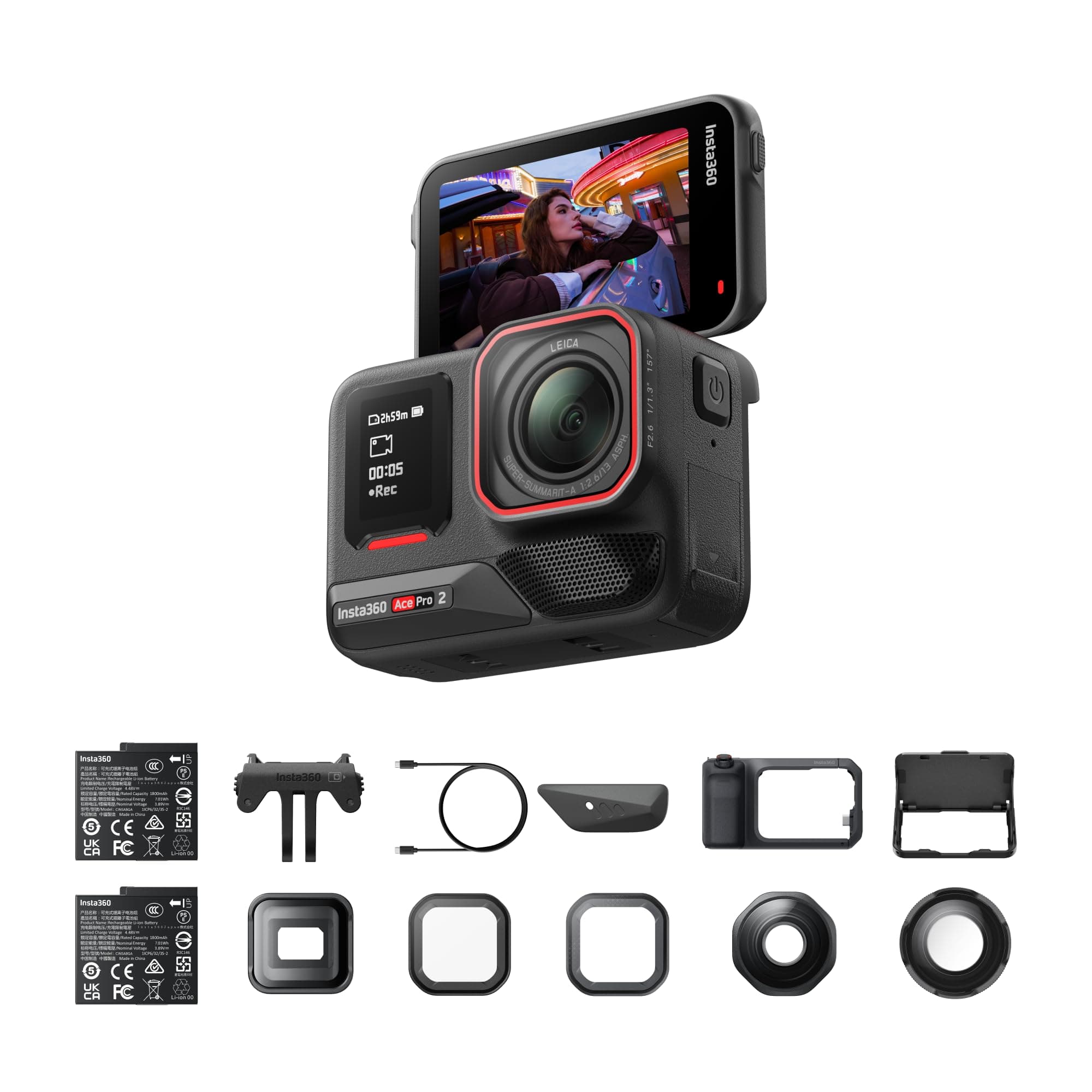Insta360 Ace Pro 2 Pack vidéo Ultime – Caméra d’Action 8K co-conçue avec Leica, Grip Xplorer Professionnel pour Photo Urbaine, Objectif cinématographique, Macro, Grand-Angle