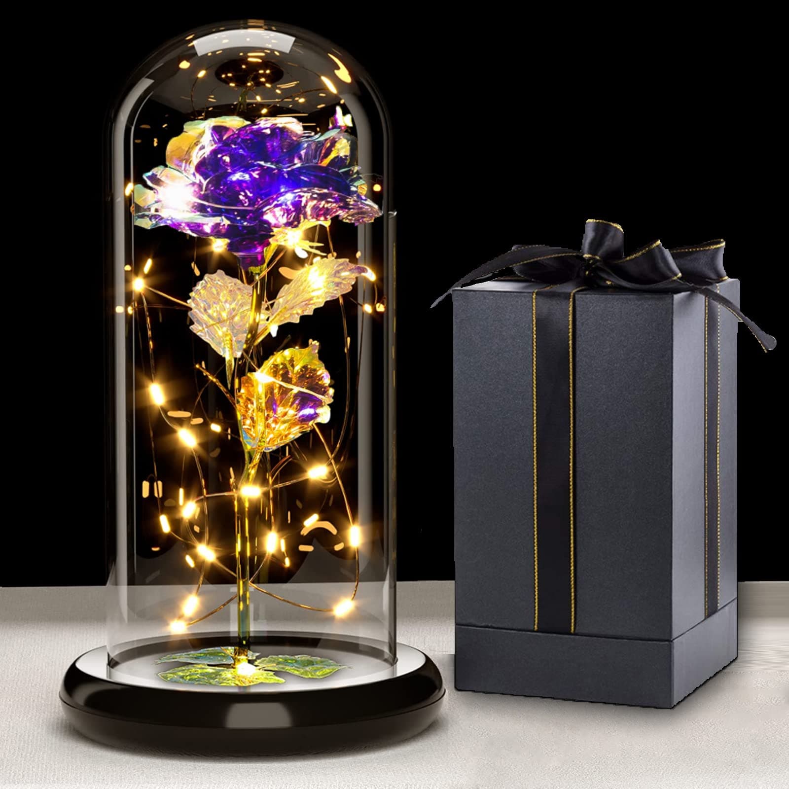 Touloube Galaxy Rose Regalo per la Festa Della Mamma, Fiori di Rosa con Luce a LED, Fiore Artificiale Rosa Regalo per Donne Mamma Moglie, Eterna Rosa in Cupola di Vetro, Regali per Lei, Compleanno